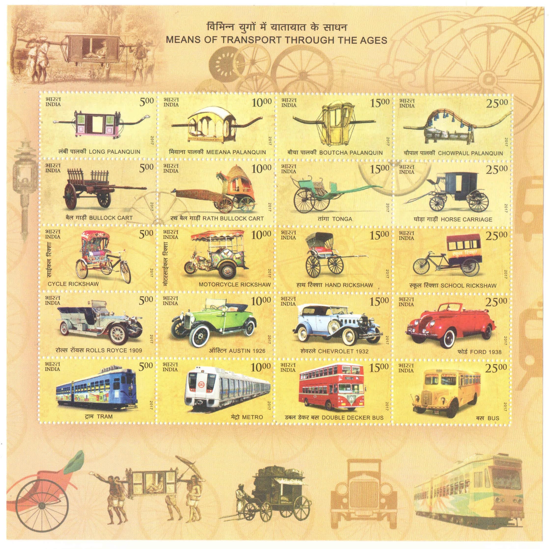 India 2017 Means of Transport Through The Ages - Mixed Sheetlet containing 20 Different Postage Stamps - Mint, Unhinged, for Collection-image-18