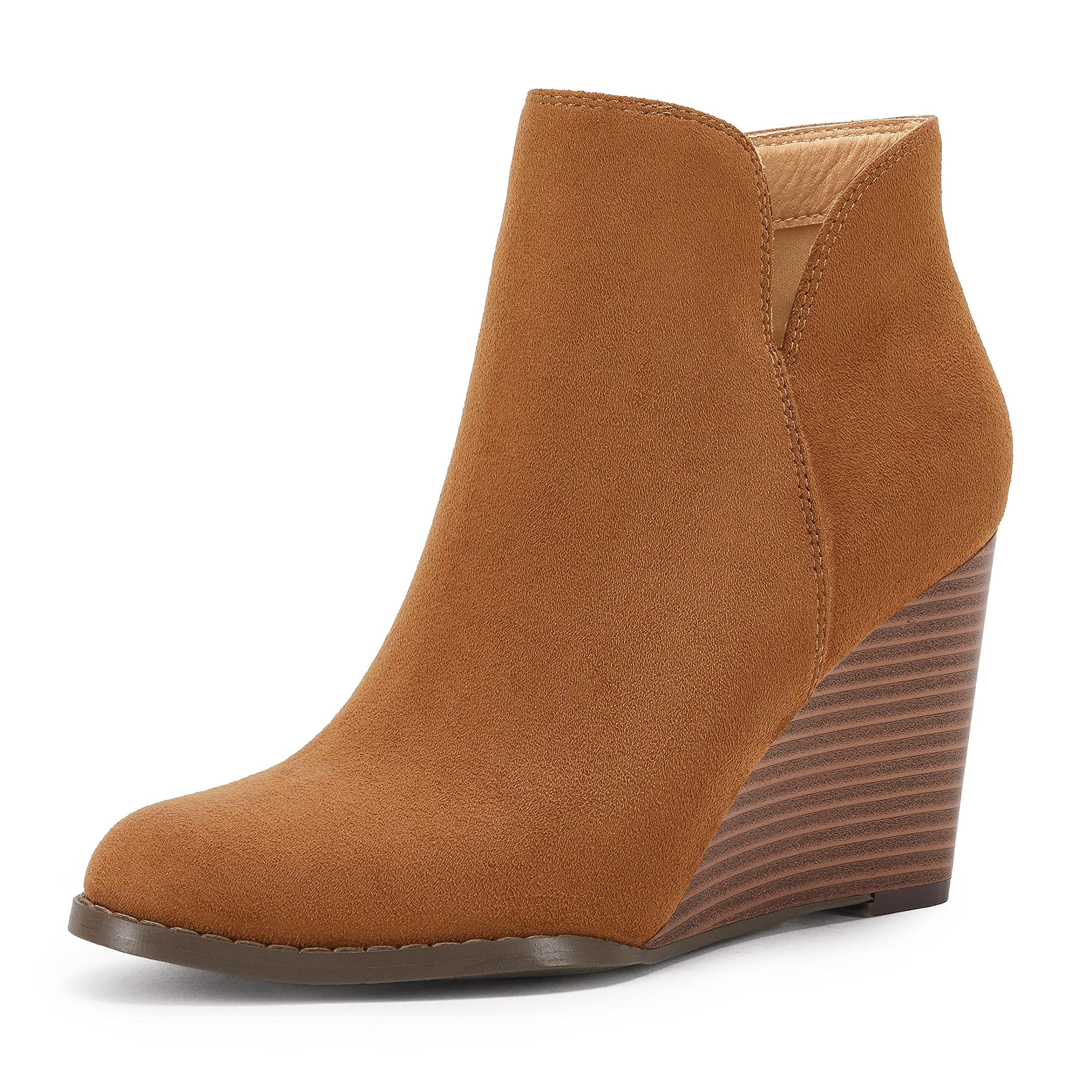 LAICIGO Womens V Cut Wedge Ankle Booties Zip-up Closed Toe Stacked Heel Faux Suede Winter Boots