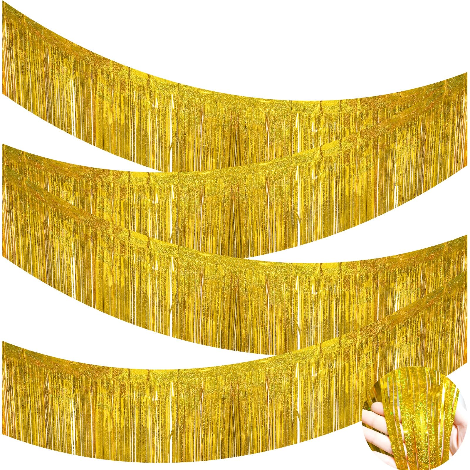 4Pcs 10ft Foil Fringe Garland Tassels Foil Curtain Sparkly Metallic Tinsel Fringing Wall Hanging Garland Banners Shiny Party Backdrop Streamers for Car Parade Floats Wedding Birthday Laser Gold