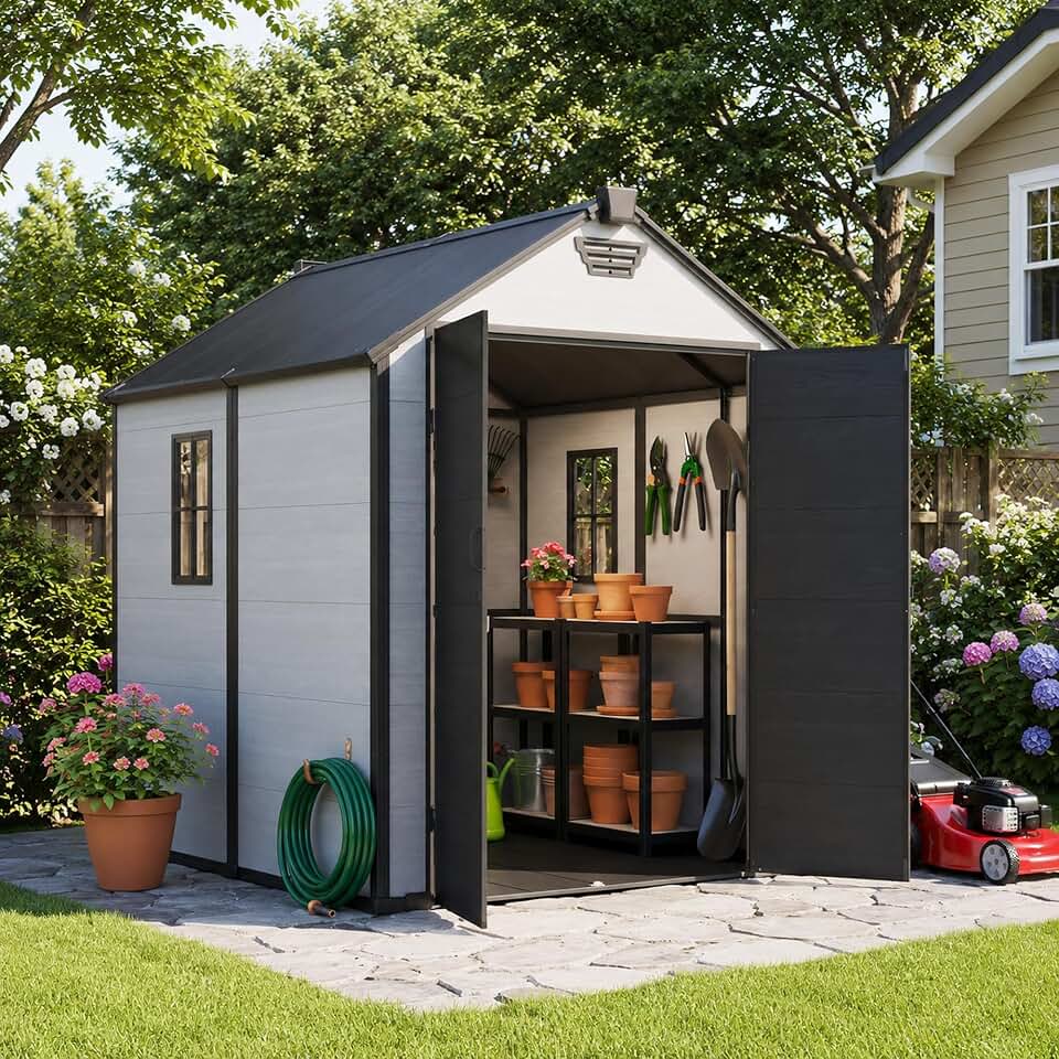 6x8 FT Resin Storage Shed with Floor, Outdoor Plastic Shed for Garden Tools Recycled Claim Standard Blended