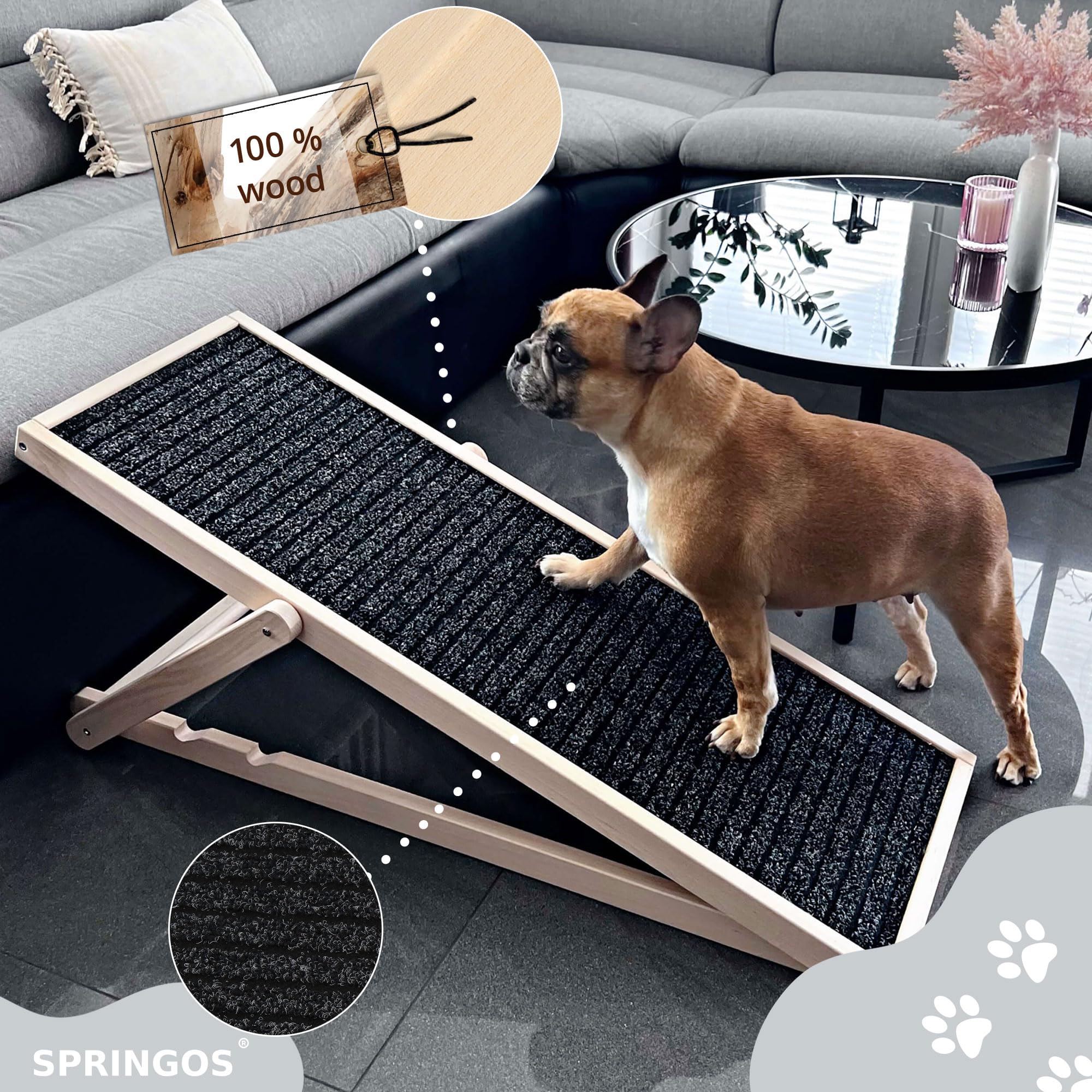 SPRINGOS Rampe pour chien, réglable, 42,5 à 59 cm, pour lit ou canapé, pliable, en bois, pour animaux de compagnie, avec insert antidérapant