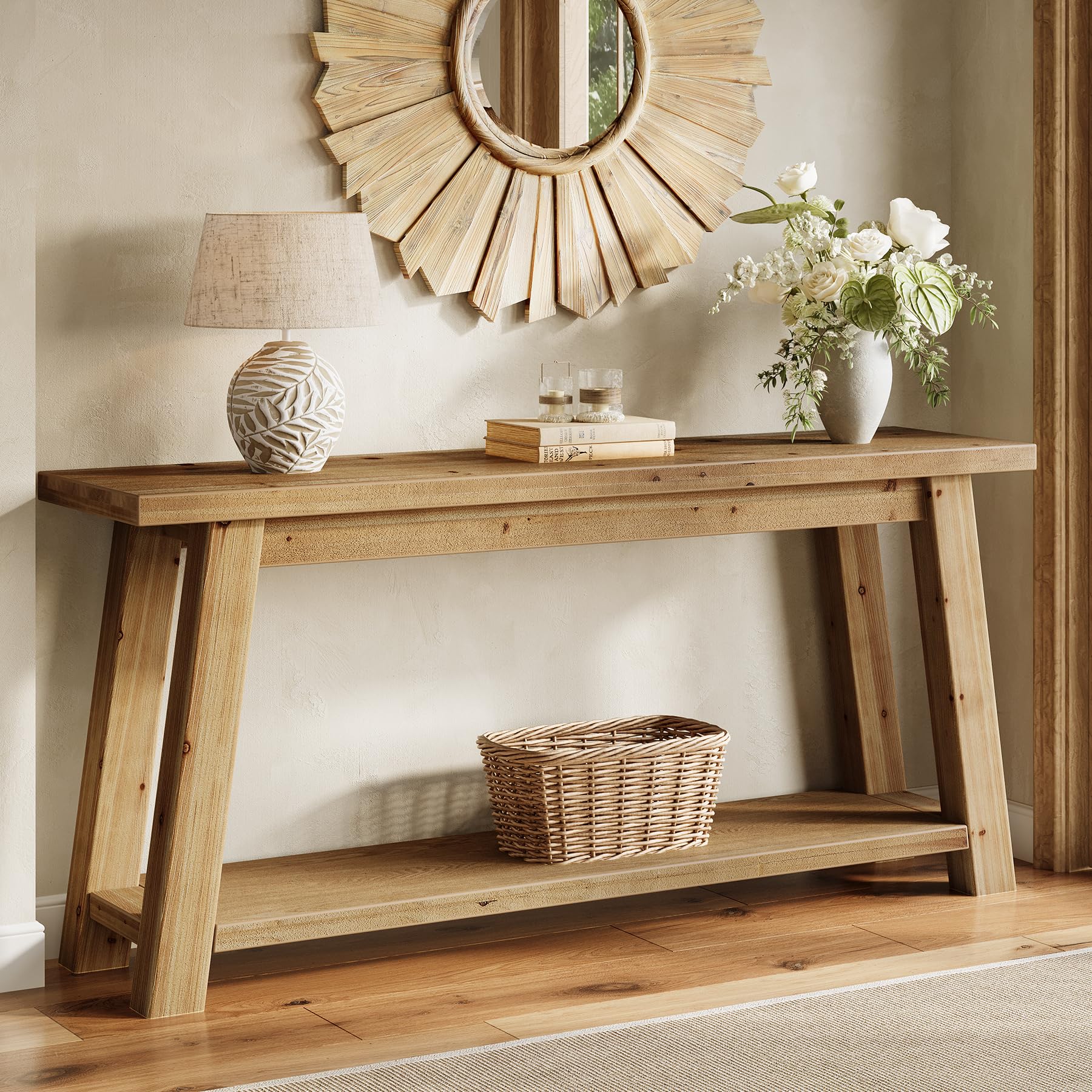 Consola de madera maciza 180 cm, 2 niveles, mesa de sofá estrecha estilo granja para entrada, sala de estar, dormitorio, detrás del sofá, color madera natural, montaje fácil