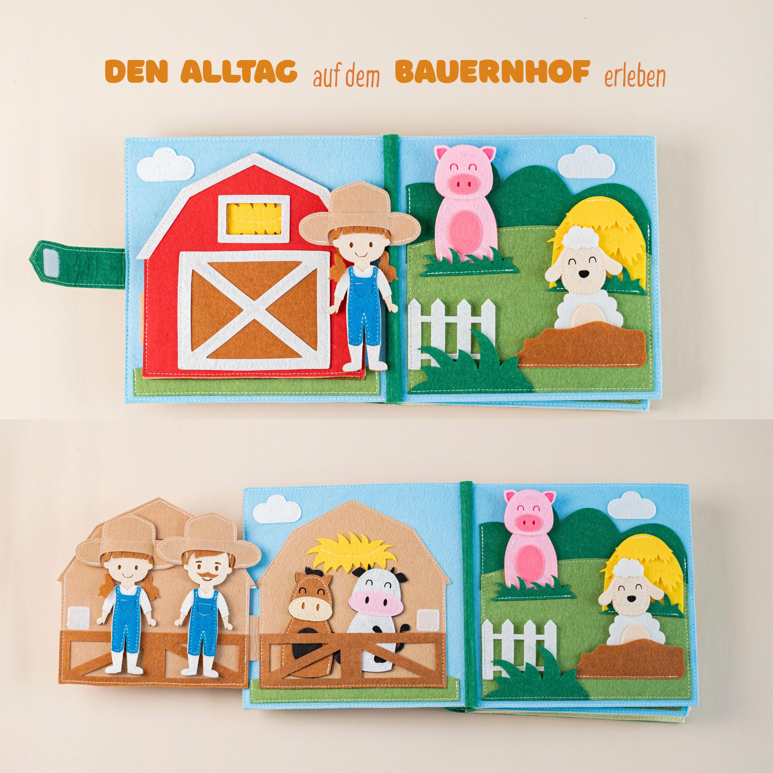 Quiet Book Bauernhof (2 Figuren) Filz-Aktivitätsbuch | Handgefertigt, Tier-Fingerpuppen & Traktor, Bildschirmfreies Spielzeug für Unterwegs, Zuordnung & Zählen, ab 18 Monaten