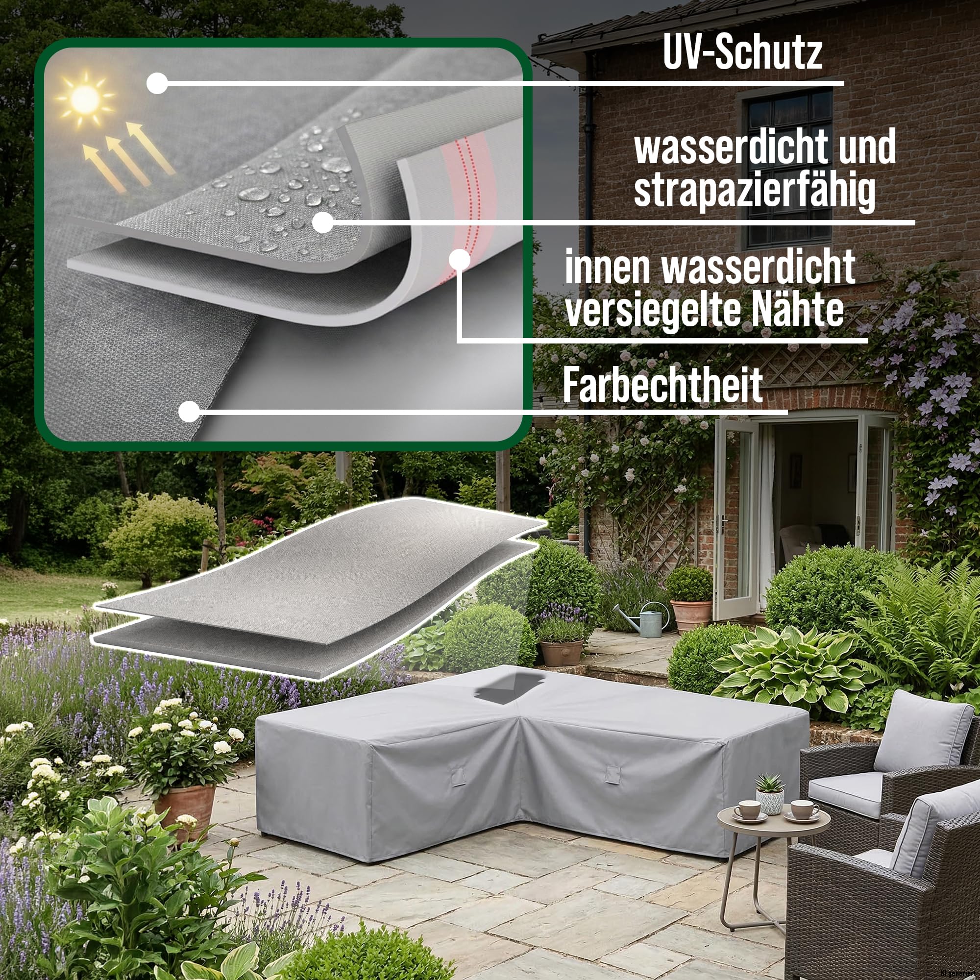 Schutzhülle Lounge L-Form, kurze Seite links, 300x245x80 cm | 600D Oxford - wasserdicht, UV-beständig, reißfest und winterfest - Abdeckung für Gartenmöbel mit Kordelzug für sicheren Halt