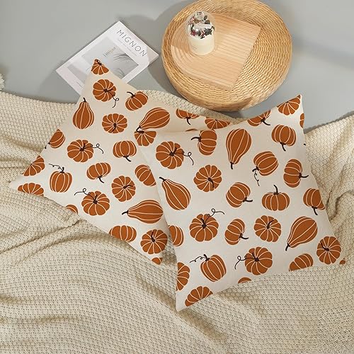 Miniatura 179 de Juego de 2 fundas de almohada de otoño de 18 x 18 pulgadas, hojas de arce de calabaza y búfalo a cuadros, decoración de otoño, de lino, Acción