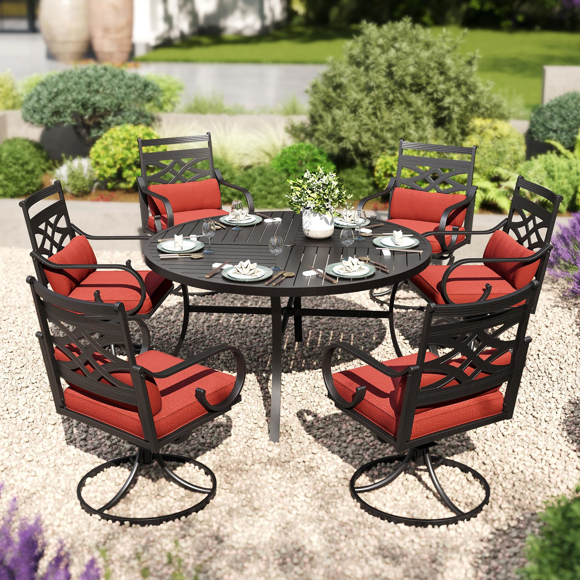 PHI VILLA 7-Piece Round Dining Set with red cushions