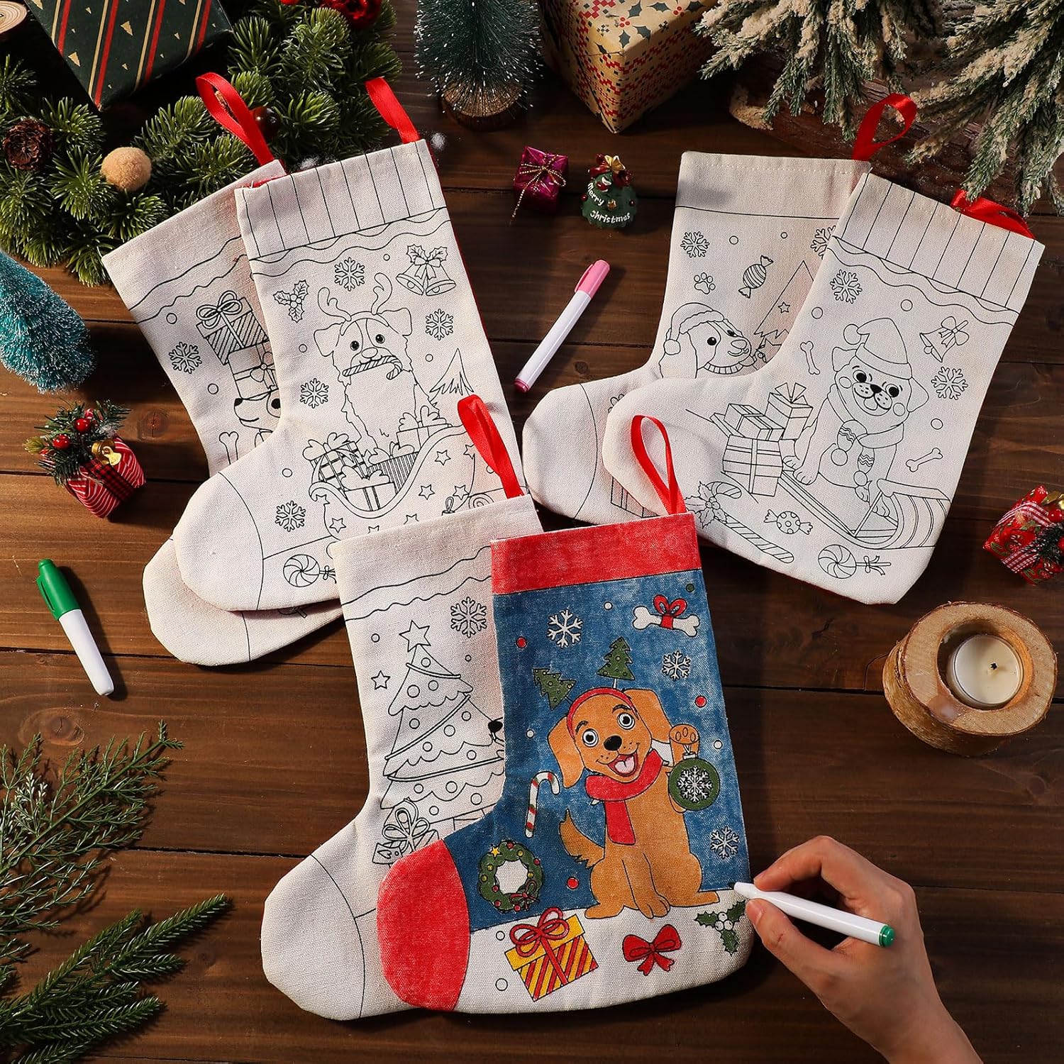 Zhanmai 24 Pcs Color Your Own Christmas Stockings with 48 Pcs Pens, DIY Christmas Stocking Crafts Kit Xmas Stockings Gift for Adults Family Holiday Party Decoration(Dog)