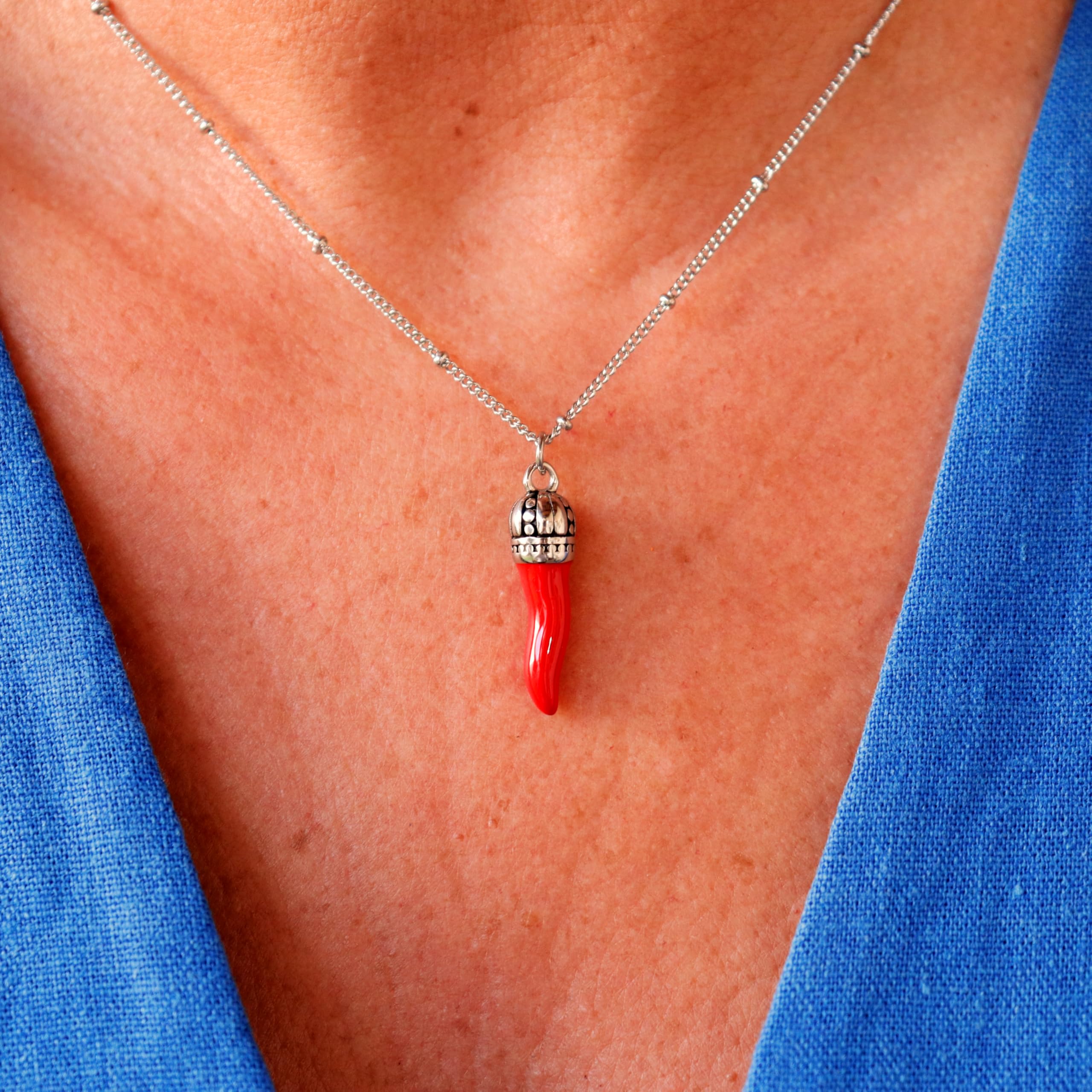 La cuerno italiano collar L'Iconica cadena de cuentas de acero plateado Corno Corona de acero