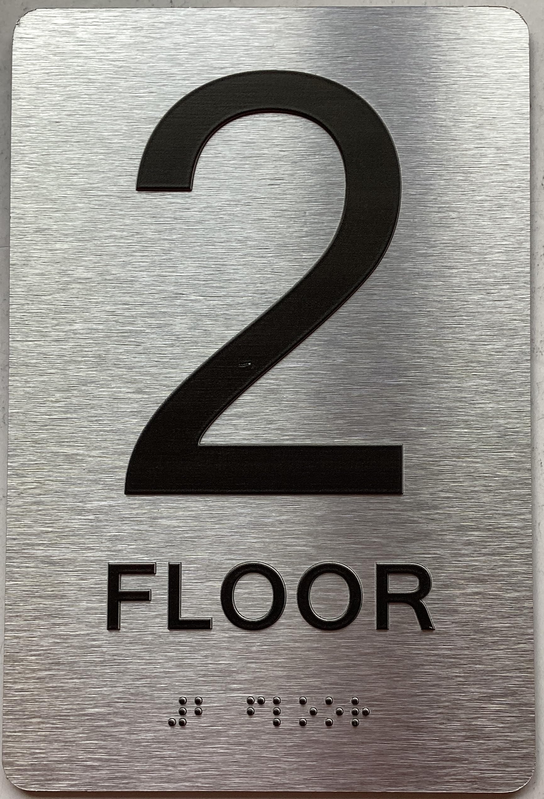 Floor number sign with Raised letters/Image & Grade 2 Braille - Includes Red Adhesive pad for Easy Installation (6" W x 9" H,Brushed Aluminum/silver)