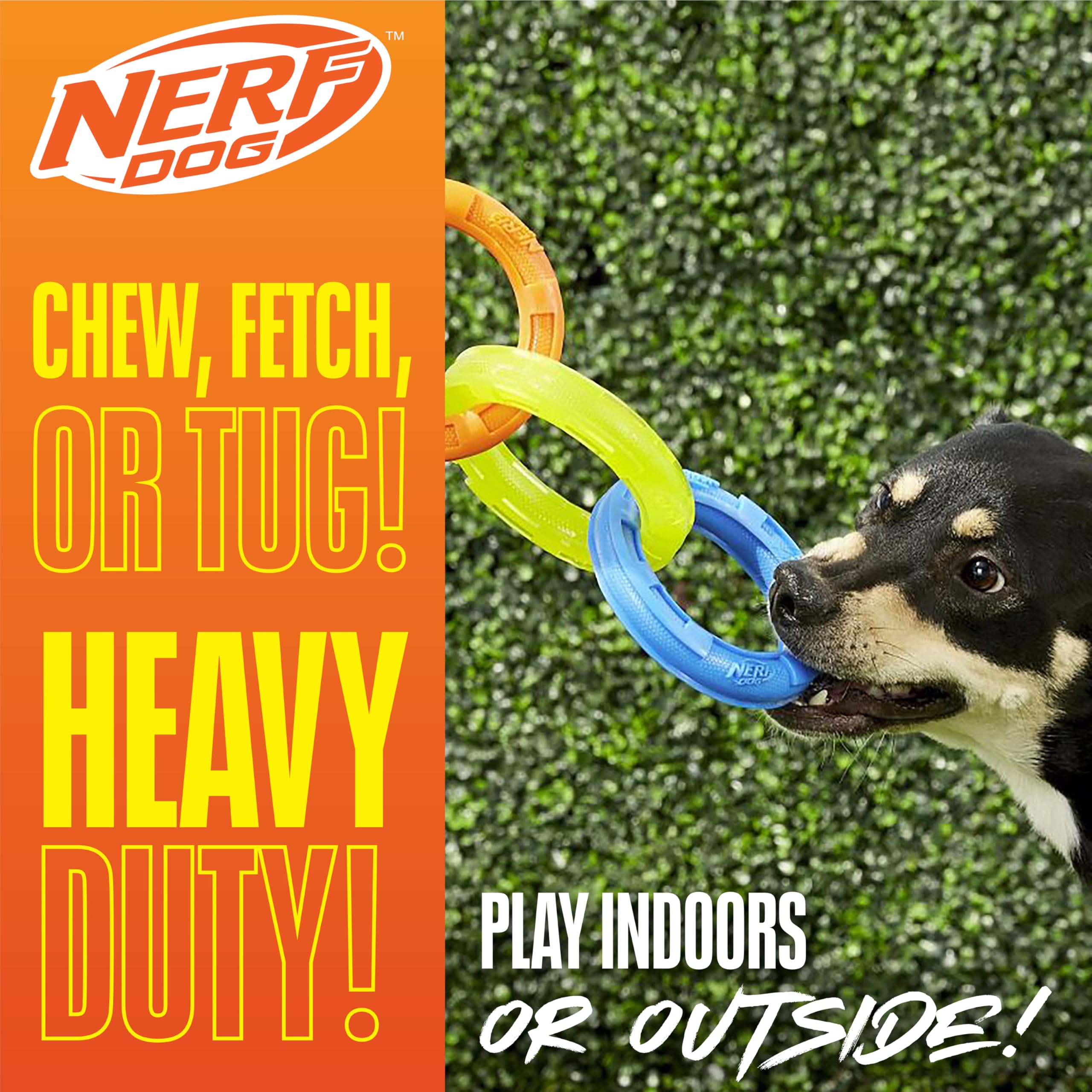 Nerf Dog 29,2 cm 3-Ring-TPR-Zerrer, Hundespielzeug für Welpen, mittelgroße Hunde, interaktives Spielen, blau, grün und orange
