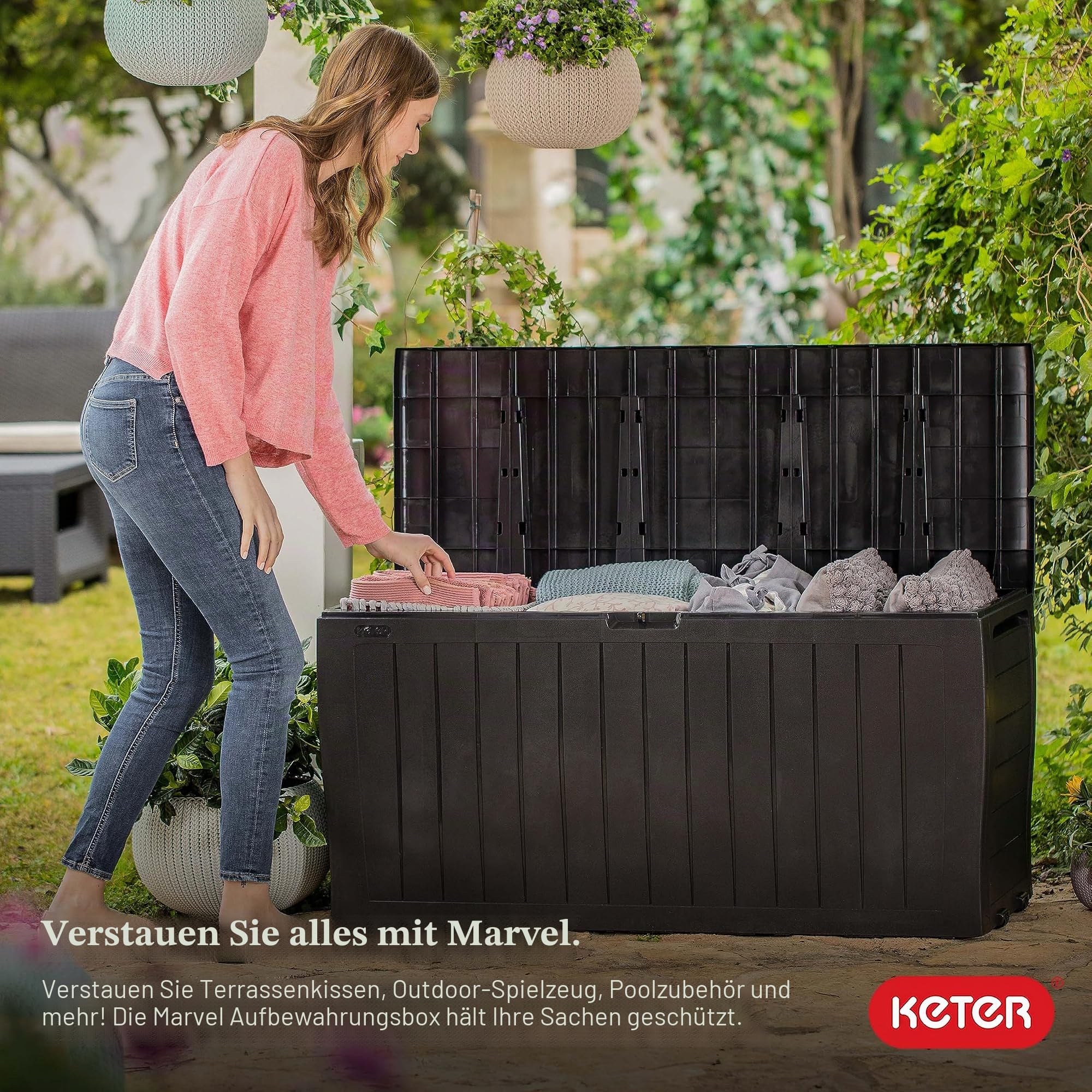 Keter Marvel Plus Aufbewahrungsbox für den Außenbereich, aus Kunstharz, für Terrasse, Kissen, Wurfkissen, Gartengeräte und Pool-Schwimmer, Braun