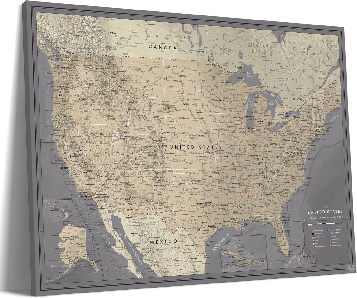 United States Travel Map Pin Board | Detailed USA Wall Map on Canvas | Detailed Cartography (43 x 30)