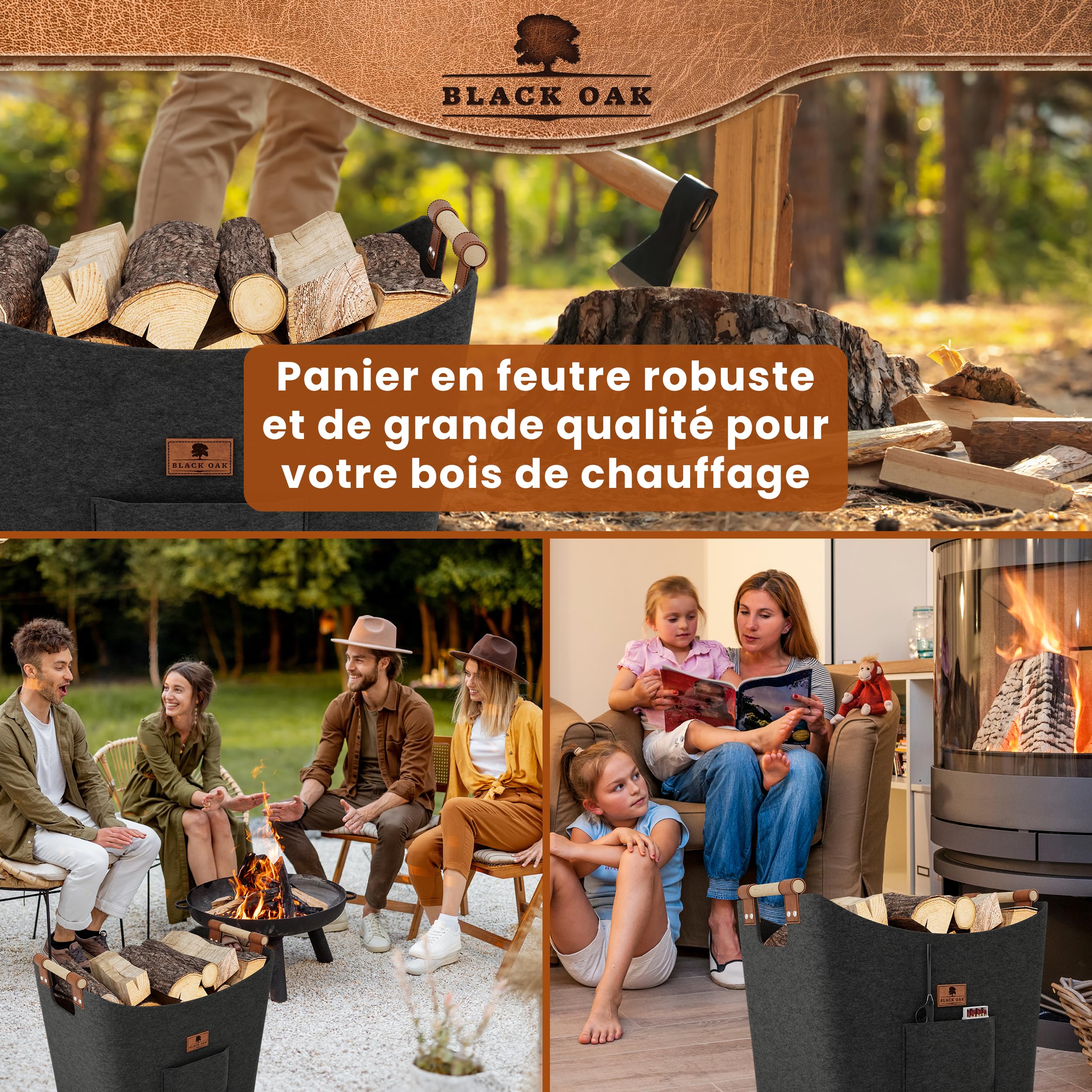 BLACK OAK Montana XL Panier en feutre et bois pour bois de chauffage, cuir véritable, poignées larges, poche avant extra grande, pliable