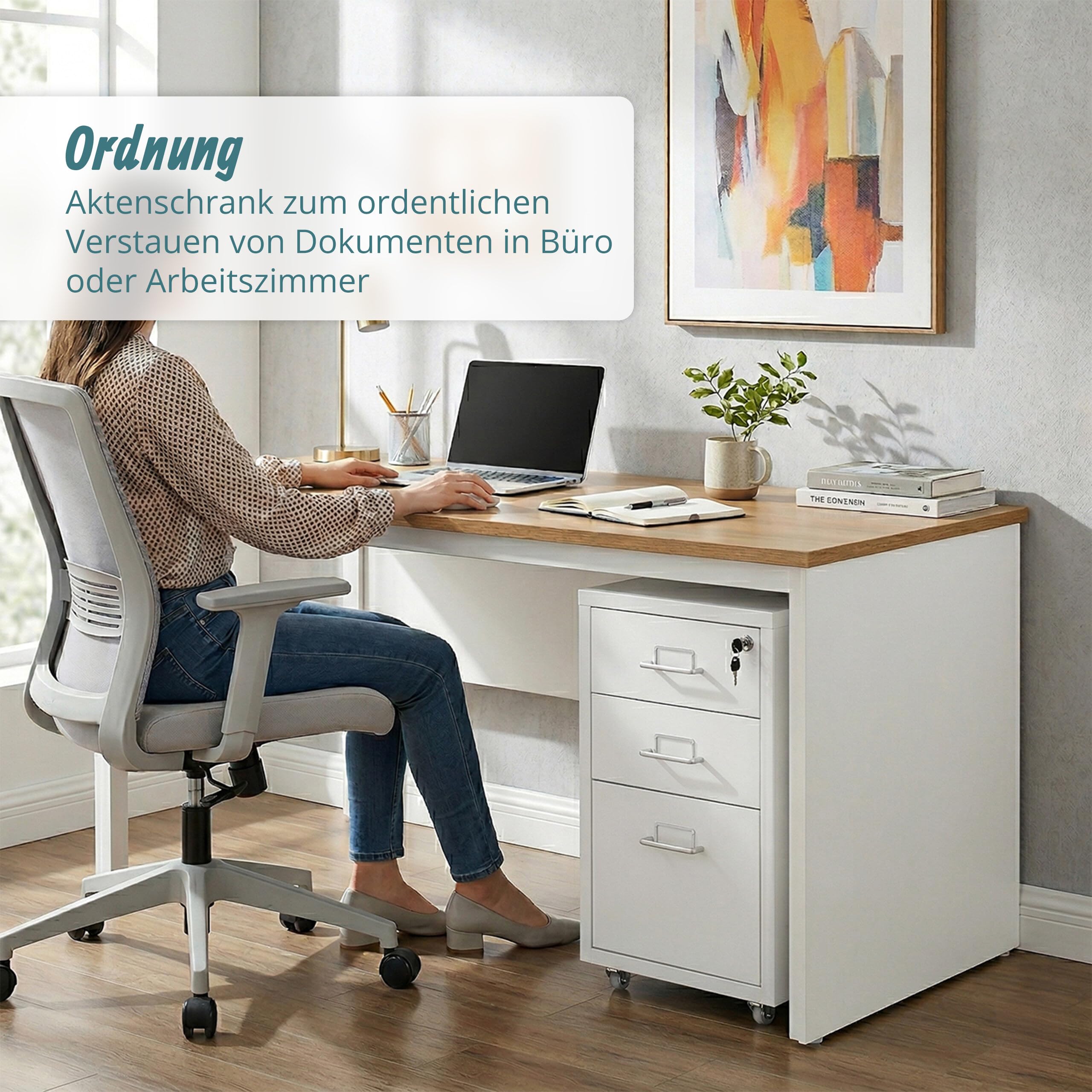 Relaxdays Rollcontainer, 3 Schubladen, HxBxT: 45,5 x 28 x 41 cm, abschließbar, Aktenschrank auf Rollen, Metall, weiß