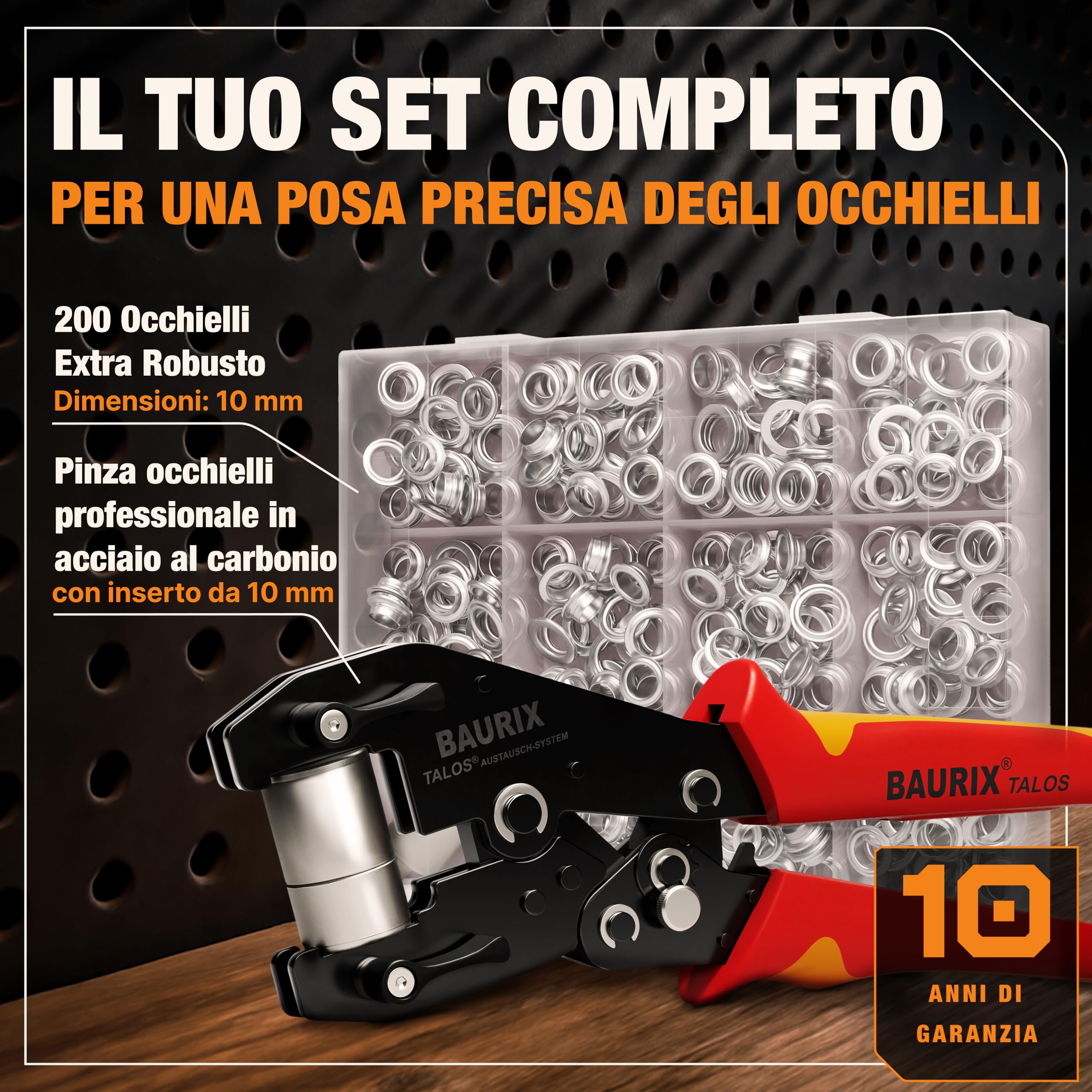 BAURIX Pinza Occhielli con 200 Occhielli Ø10 mm per Telo Stoffa Pelle Tessuti Autopunzante Senza Foro TALOS