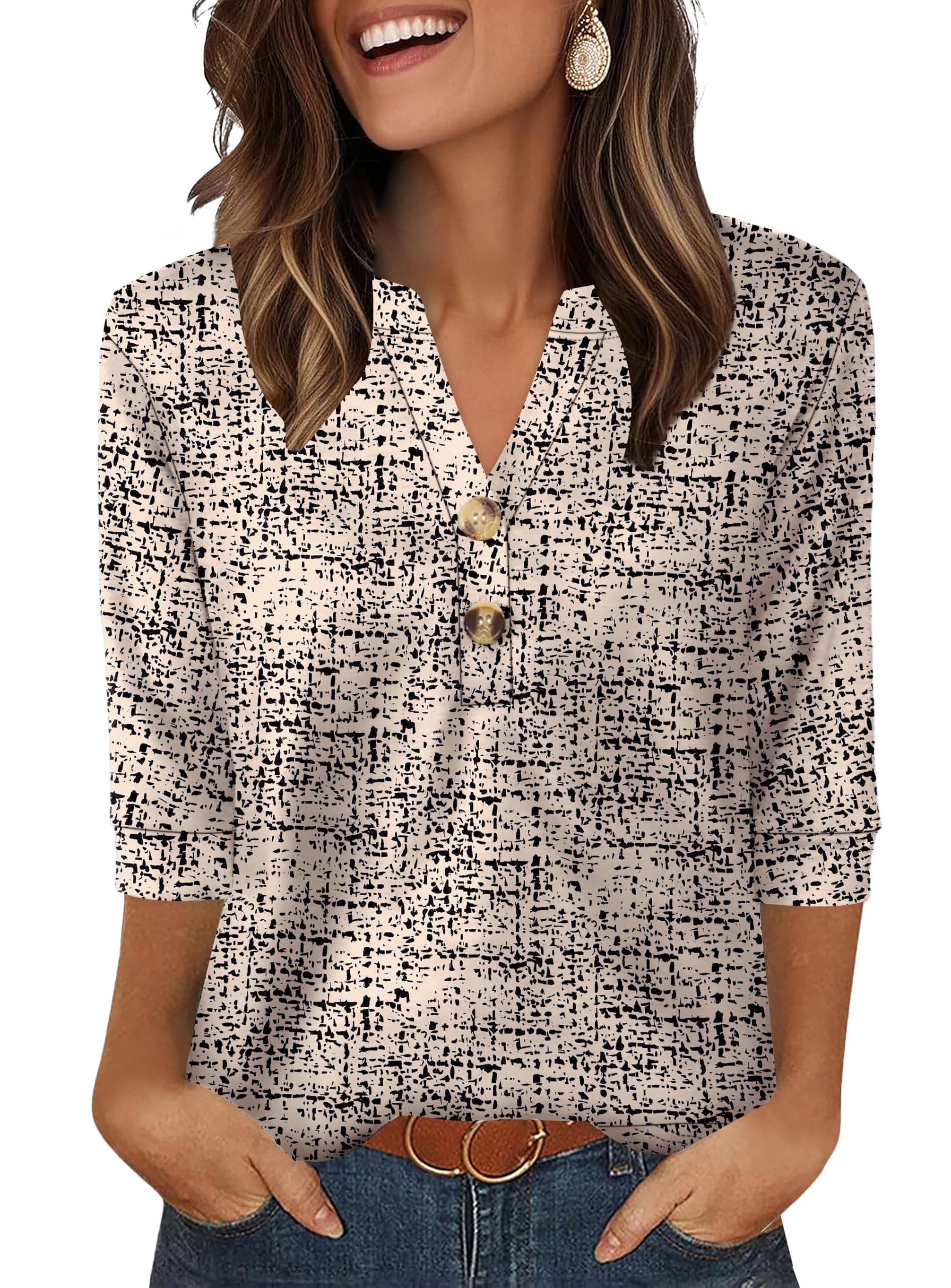 Aokosor Womens 3/4 Sleeve Tops Ladies Blouse V Neck Tunic Long Sleeve T Shirts Curved Hem Office Wear — view 9