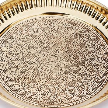 Craftsofindia 4.75 Inch Brass Bhog Thali Set for Kanha Thakur Ji 4-Piece Set (Plate, Katori, Glass, Spoon) with Engraved Floral Design Perfect for Bhog Offering and Puja Rituals
