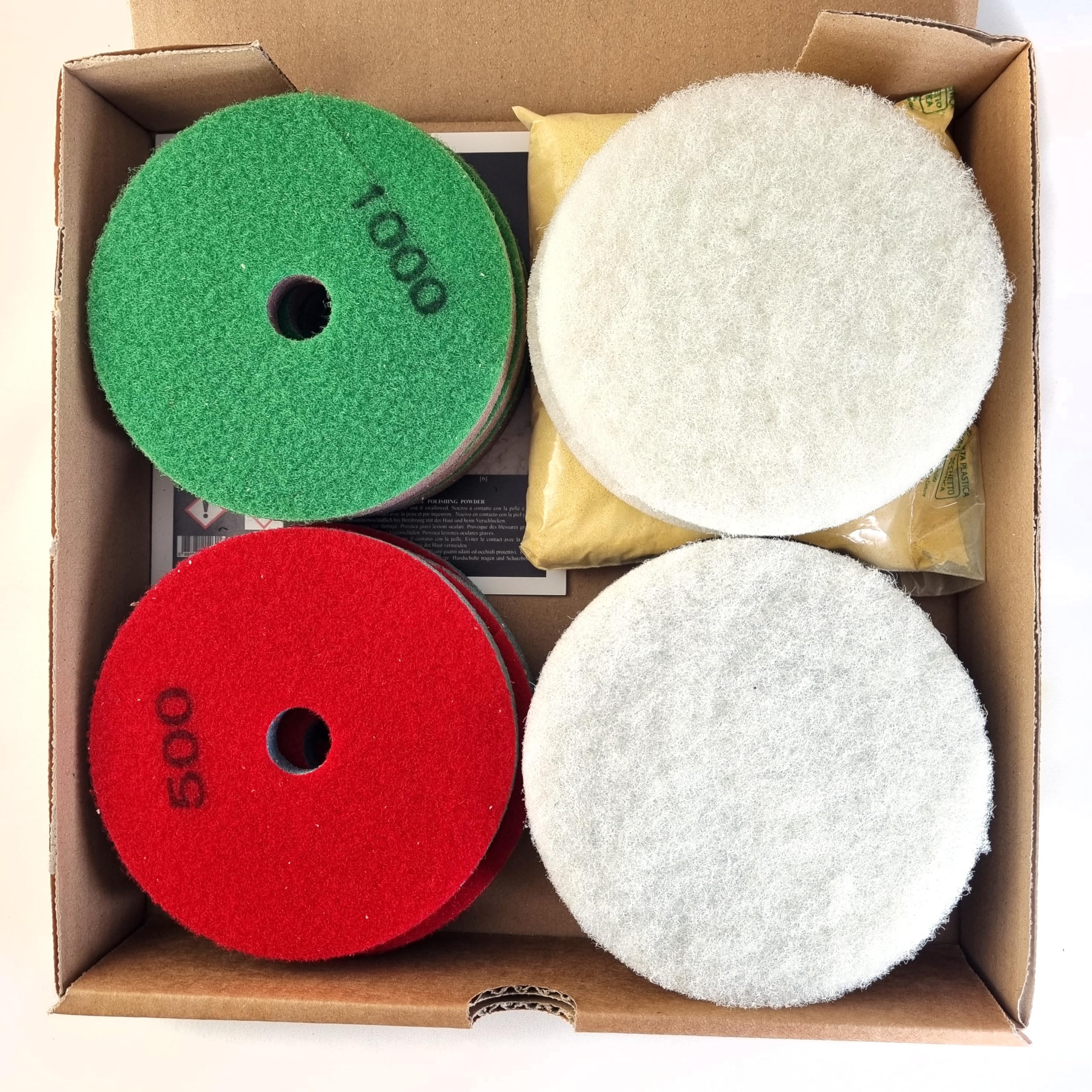 BMC Rigenera Pavimento Marmo kit 5” per utilizzare una normale lucidatrice domestica come levigatrice con dischi abrasivi e lucidanti 125mm per riportare a specchio pavimenti in marmo opachi