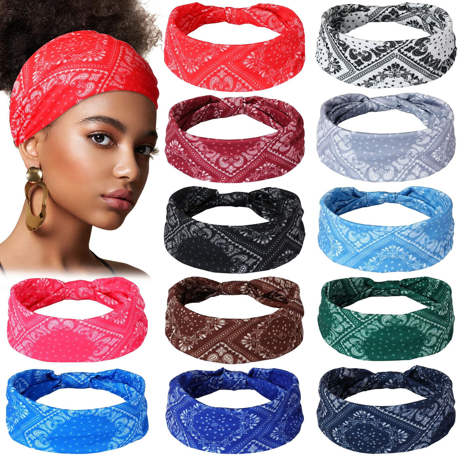 Censen 12 Fasce Africane per Capelli Cerchietti Africani Elastici in Poliestere Fasce Boho per Capelli da Donna con Nodo Accessori per Capelli per Ragazze Signora Yoga Corsa Sport