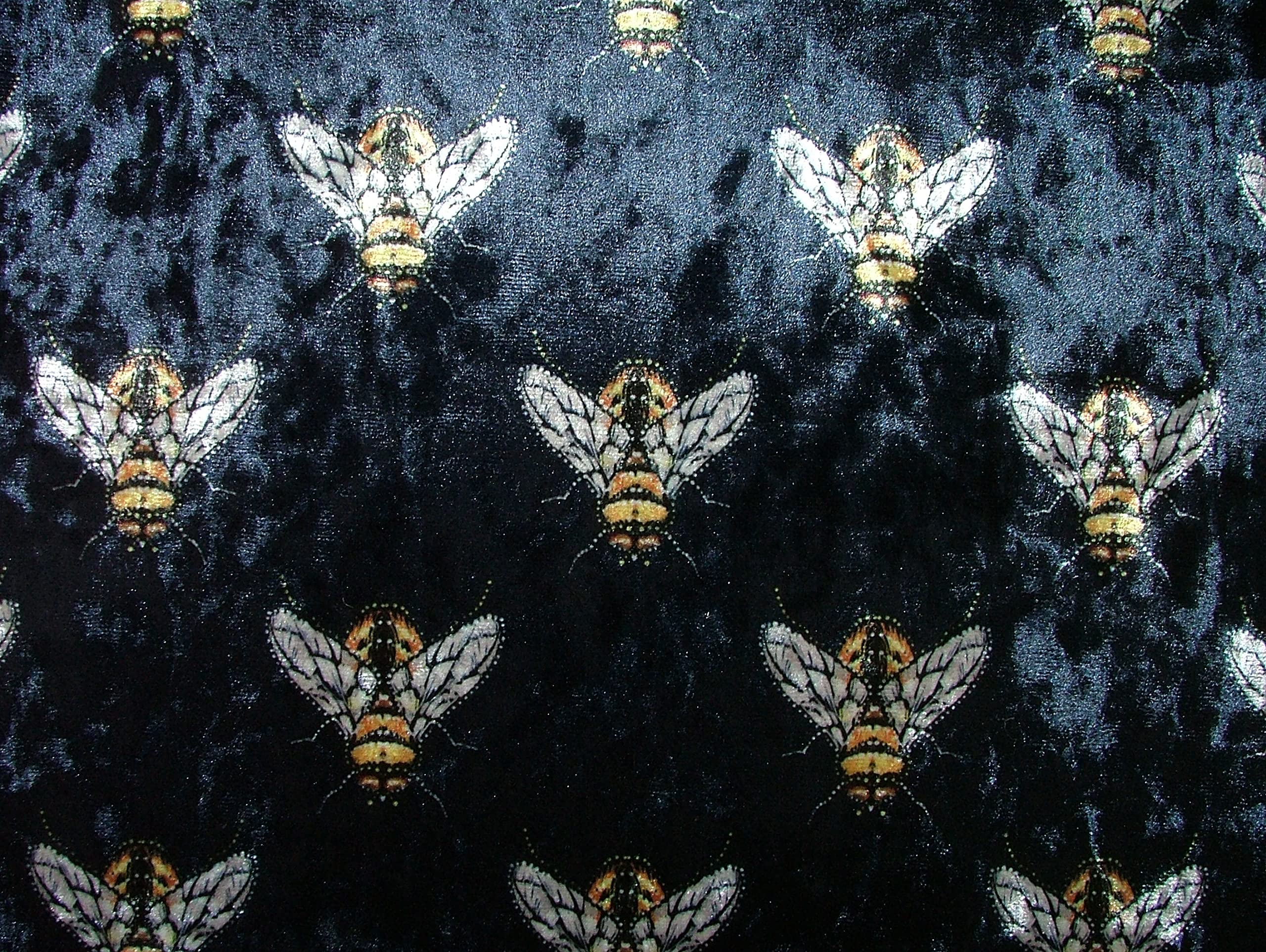 Navy Blue Luxurious Bees Plush Velvet Bee Fabric Curtain Upholstery Cushion Roman Blinds - A4 Sized Sample