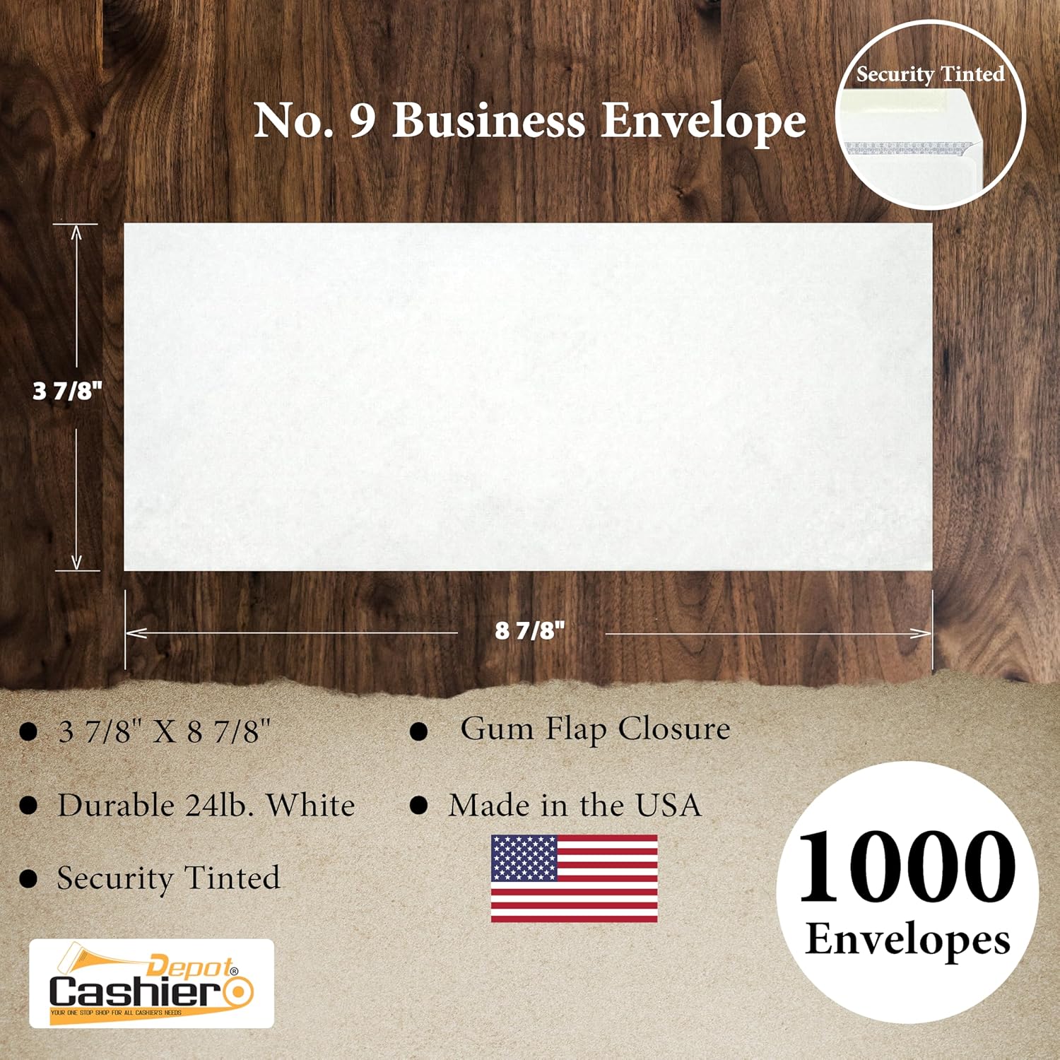 Cashier Depot #9 Business Envelopes, 3 7/8 x 8 7/8 Inches, Security Tinted, Gummed Flap, 24lb White Wove, 500 Count (1000)