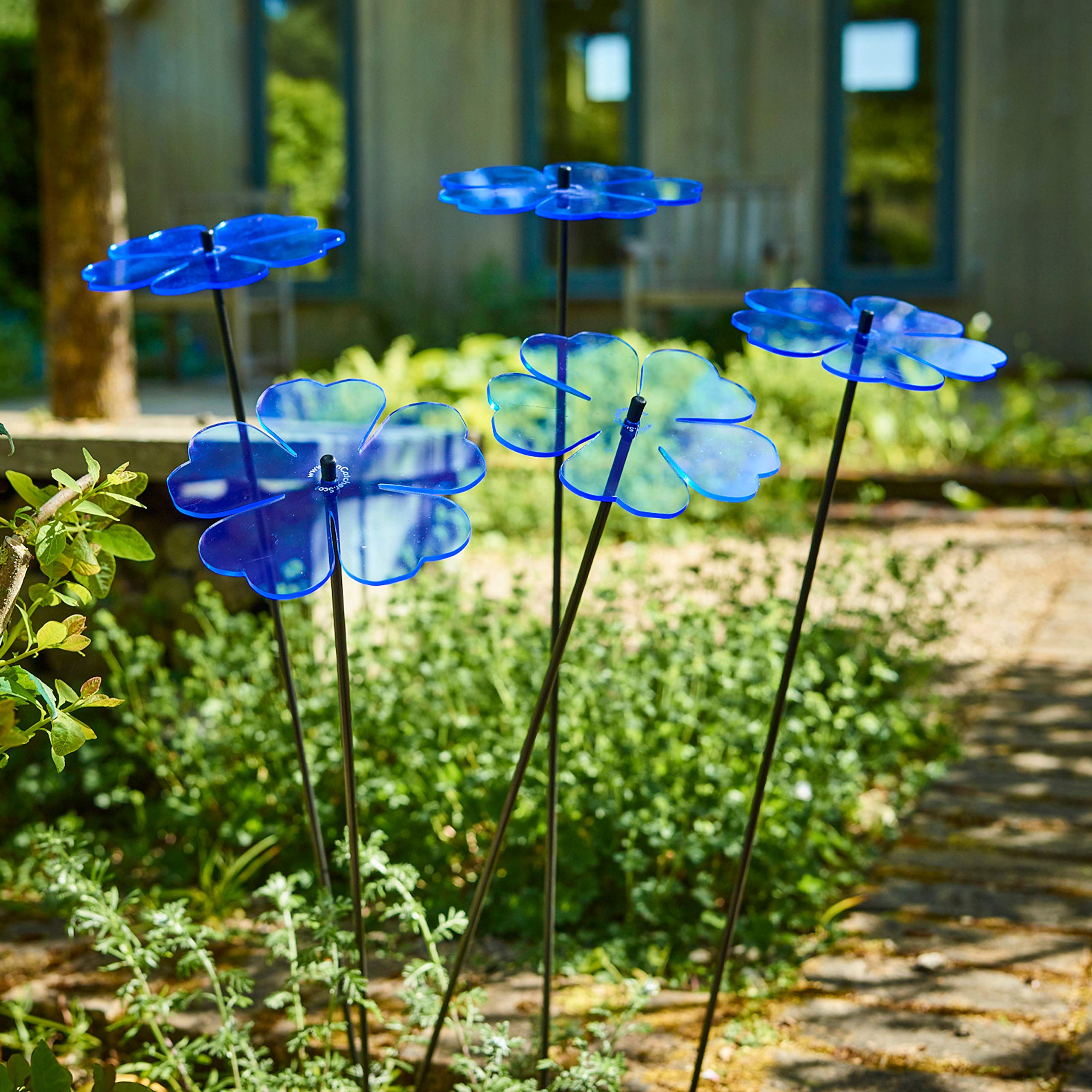 SunCatcher Garden Decor Ornaments Double Blossoms, Set of 5 Large Decorative Garden Stakes, 75cm/29.5'' high Outdoor Yard Accessory, Great Gardeners Gift, Colour:Fluorescent Blue