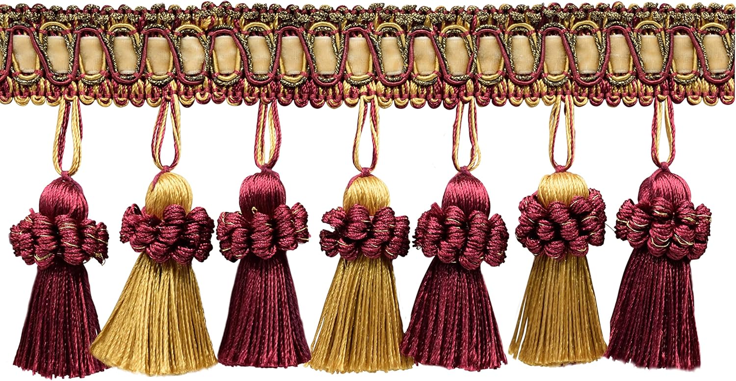 DÉCOPRO 3" (7.5cm) Noblesse Scroll and Ribbon Gimp with Crown Tassel | Fringe Trim (TFH3CT-PY) Rust Medley Multicolor #07H (Rust Gold Olive) 14 Yards (42 ft/12.5m)