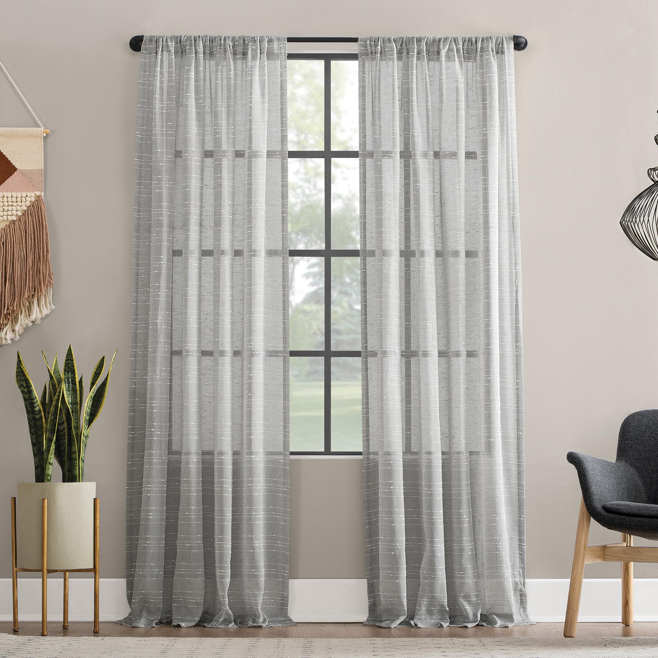 Clean Window Textured Slub Stripe Anti-Dust Allergy/Pet Friendly Sheer Curtain Panel, 52" x 63, Gray, Grey, W 52" x L 63" (1 Panels)