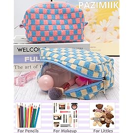 PAZIMIIK Checkered Makeup Bag for Purse Portable Zipper Make Up Pouch Small Cosmetic Case for Travel Accessories Blue Beige