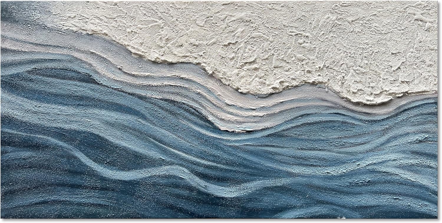Art 24x48 inches Hand-Painted Blue and White Textured Art Oil Painting - Modern Abstract sea Wave Landscape Art - Suitable for Wall Decoration in Home Office Yi132