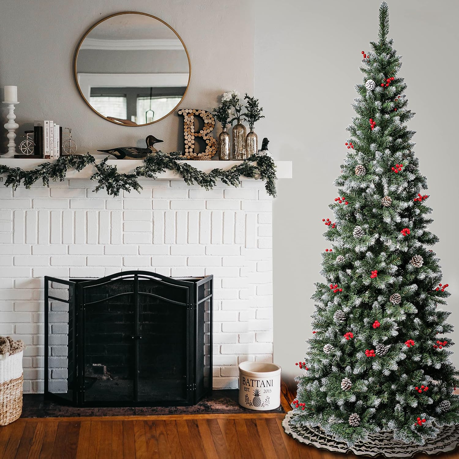 National Tree Company First Frosted Traditions Slim Christmas Tree with Hinged Branches, Pinecones and Red Berries, 7.5 ft