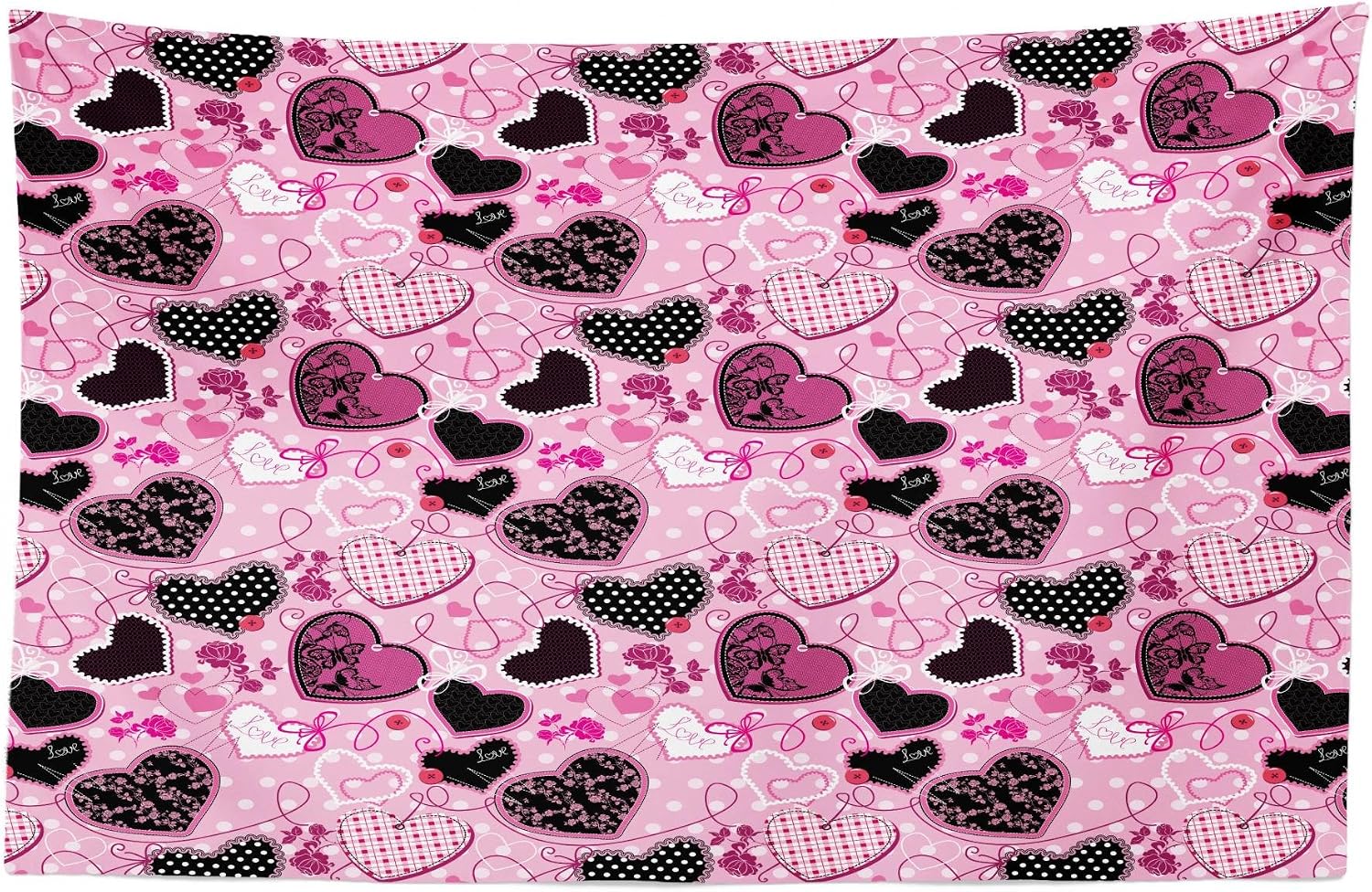 Lunarable Hearts Tapestry, Sewing Themed Love with Polka Dots Valentine's Day Inspired Image, Fabric Wall Hanging Decor for Bedroom Living Room Dorm, 28" X 23", Pink Black White