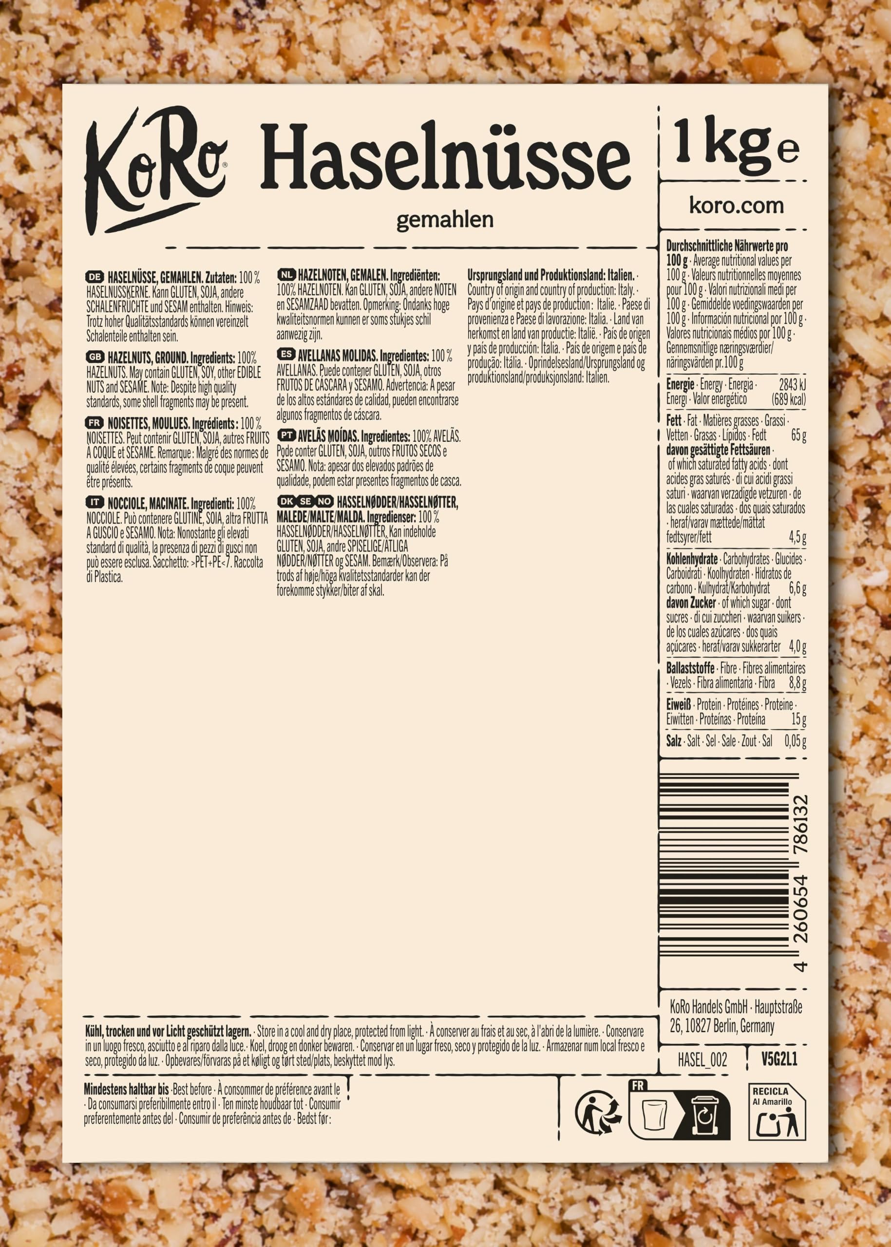 KoRo - Gemahlene Haselnüsse 1 kg - 100 % natürlich - Ohne Zusatzstoffe - Vegan - Glutenfrei - Ballaststoffquelle - Großpackung