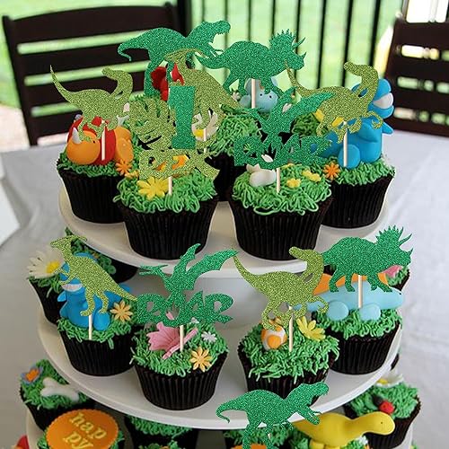 Miniatura 5 de Rsstarxi Paquete de 24 adornos de dinosaurio para cupcakes de tercer cumpleaños, purpurina verde, 3 Rex Roar, dinosaurios, tres años, para tres