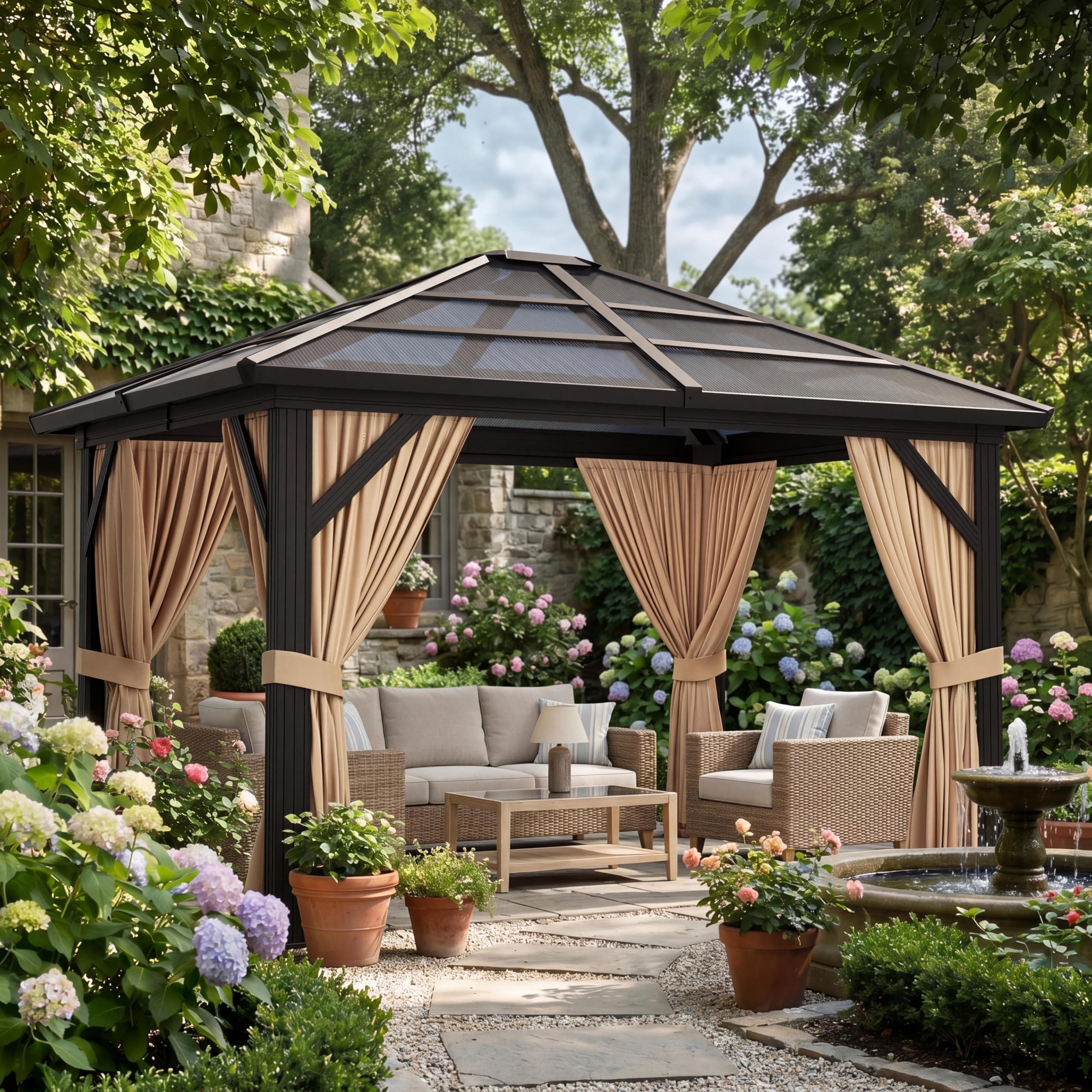 Photo 1 of GarveeLife 10x12 ft Gazebo, Hardtop Outdoor Canopy Aluminum Frame Permanent Gazebo with Netting and Curtains, Polycarbonate Garden Tent for Patio, Lawn, Backyard, Deck (10 ft x12 ft)