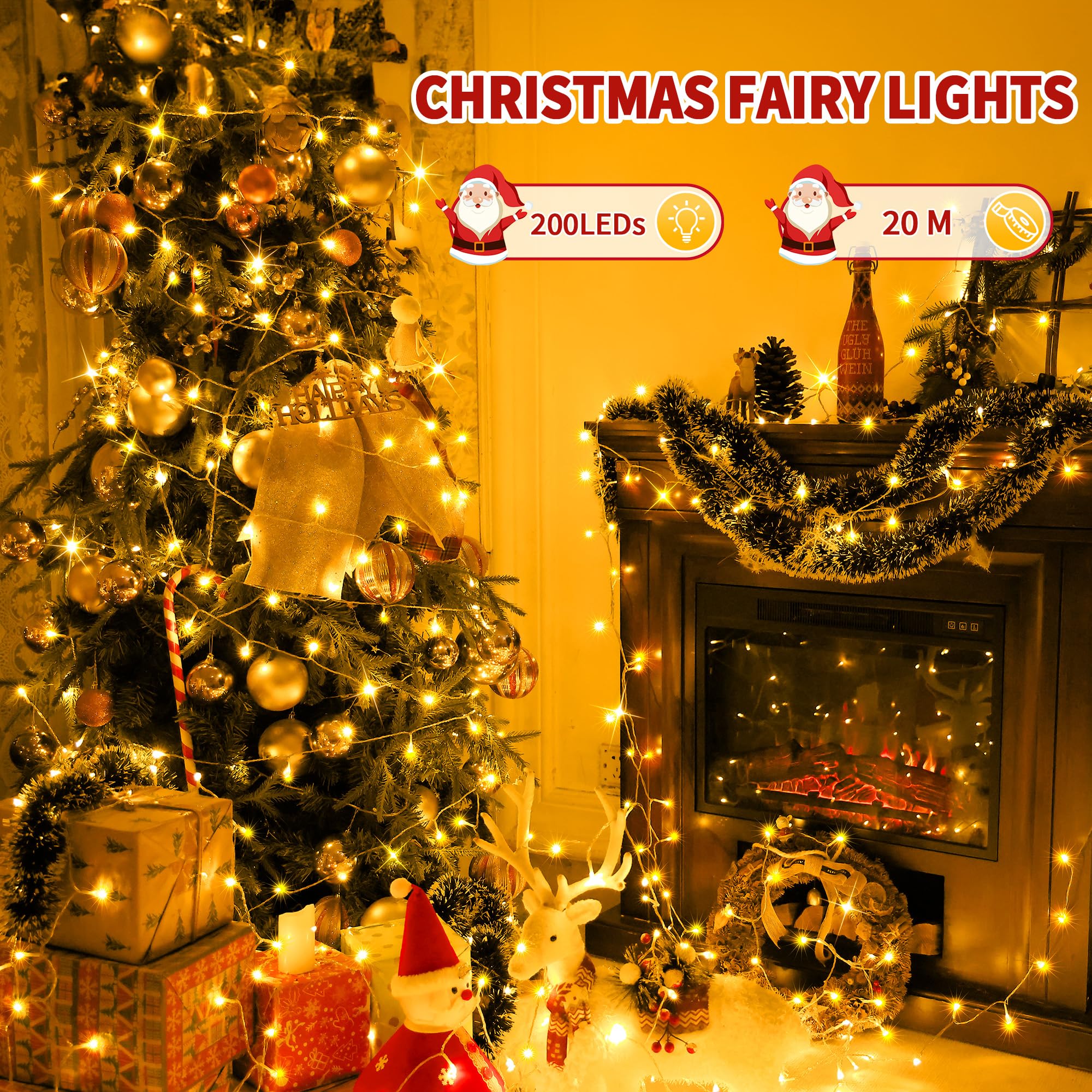 Auriostar Luci Natale Esterno, 20m 200LEDs Impermeabile IP44 Catena Luminosa Esterno, 8 Modalità Luci LED per Interno/Esterno Decorative Natalizie Albero di Natale Nozze Compleanno (Bianco Caldo)