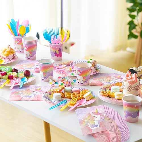 Miniatura 7 de JOYIN 145 piezas de suministros de fiesta de cumpleaños de unicornio con pancarta de unicornio para niñas, juego de vajilla desechable de unicornio