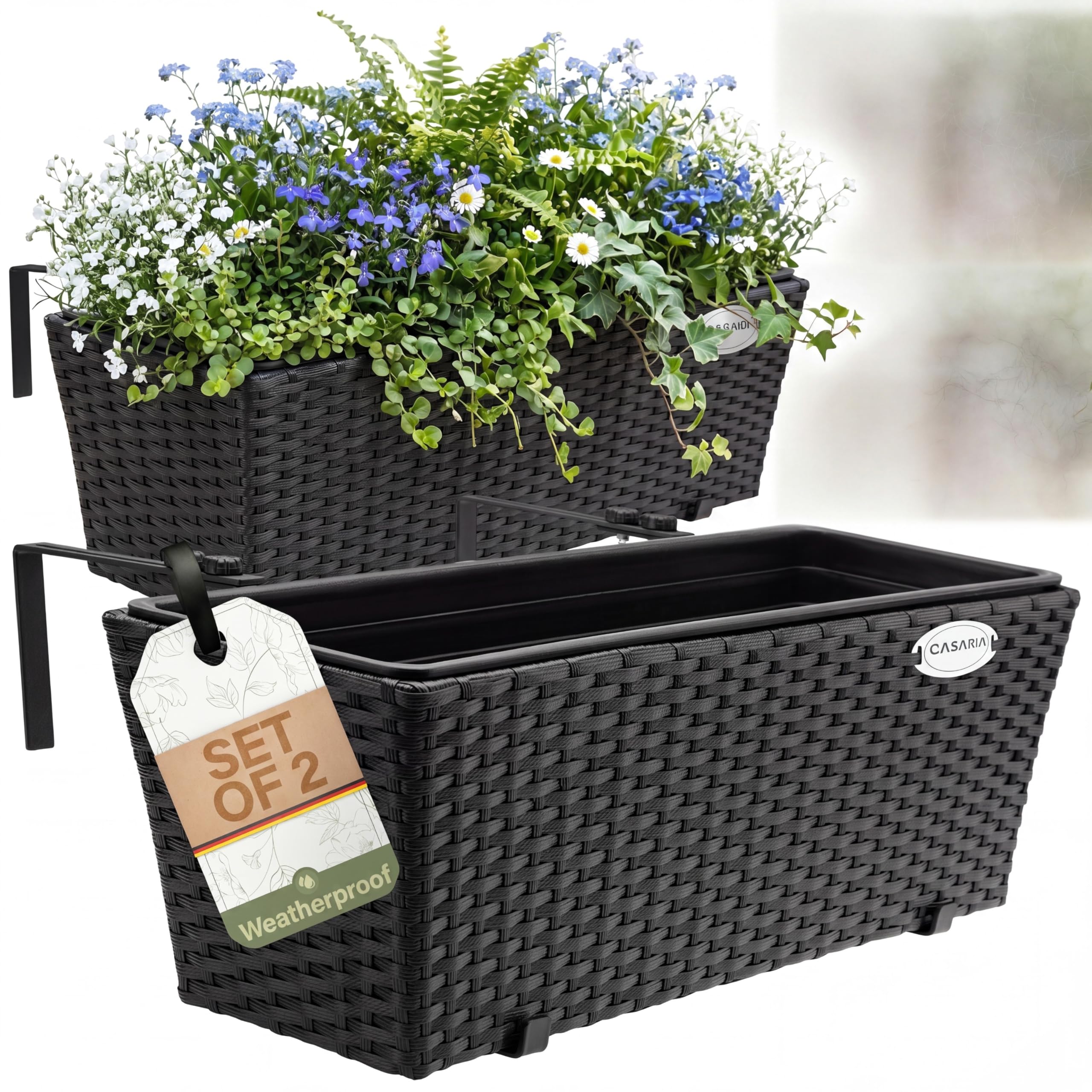 CASARIA® Set of 2 Flower Boxes | Weatherproof Rattan | Hangable with Mounting Brackets | Floating Planters Balcony | Windowsill | Railing | Gate | Fence | 60x20x19cm | 11 L | Black
