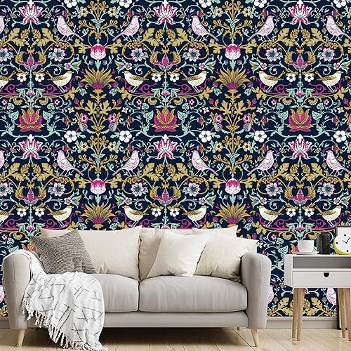 Miniatura 4 de BaoHArtHome Papel tapiz de ladrón de fresas, papel tapiz adhesivo negro de William Morris, papel adhesivo gótico extraíble, de pájaros, papel de