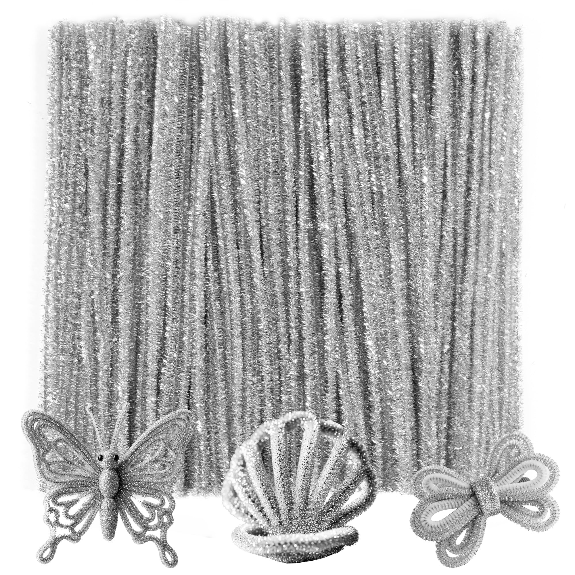 Caydo 200 Pieces Glitter Silver Pipe Cleaners, Thick Fluffy Chenille Stems, Pipe Cleaner Crafts for Arts &amp; Crafts, Perfect for Making Animals, Flowers, and Festive Decorations