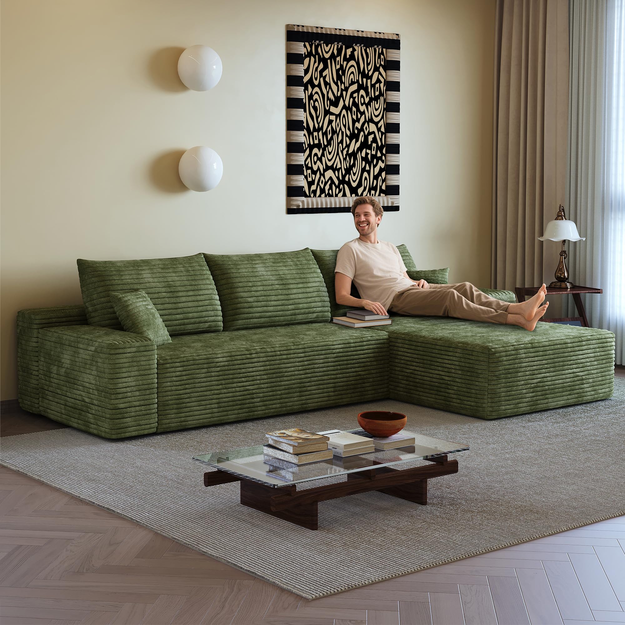 Canapé modulaire 270 cm, canape Dangle 3 Places pour Salon, Chambre, avec méridienne, Assise Profonde, Velours côtelé, livré compressé, canapé d'angle compressé （Méridienne à Droite）