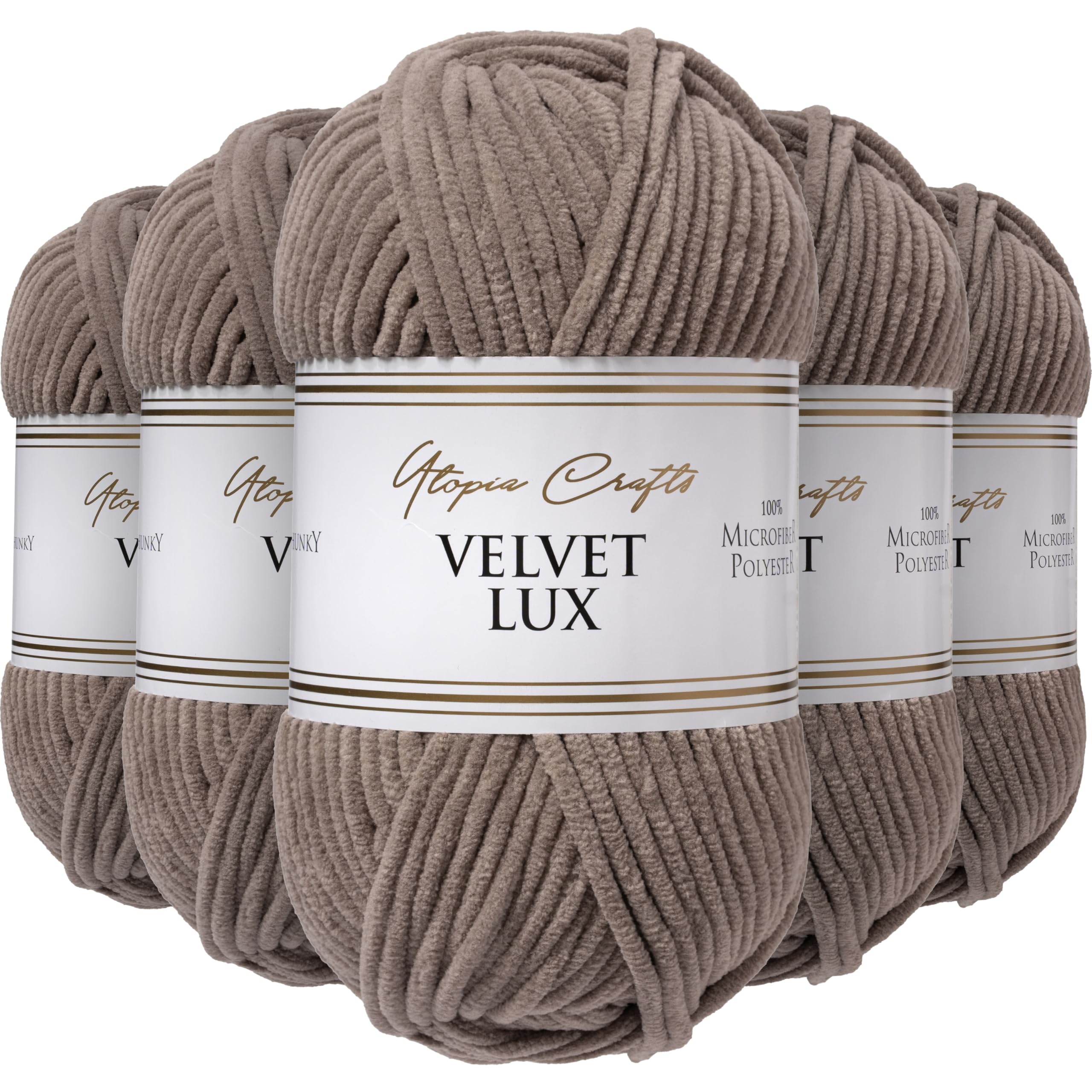 Utopia Crafts Velvet Lux Chenille Super Soft Chunky Yarn for Knitting and Crochet 5X 100g (Beige Taupe)