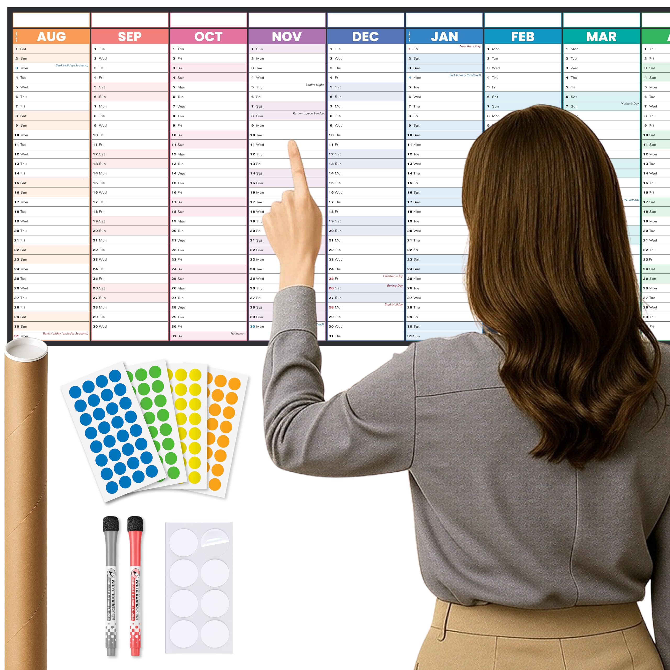 2026-2027 Academic Year Wall Planner Set 119 x 42cm UK Calendar Laminated Rolled (No Creases) Erasable Yearly Wall Chart Includes Pens Adhesive Pads & Coloured Stickers Home Office (Black) by Planvia