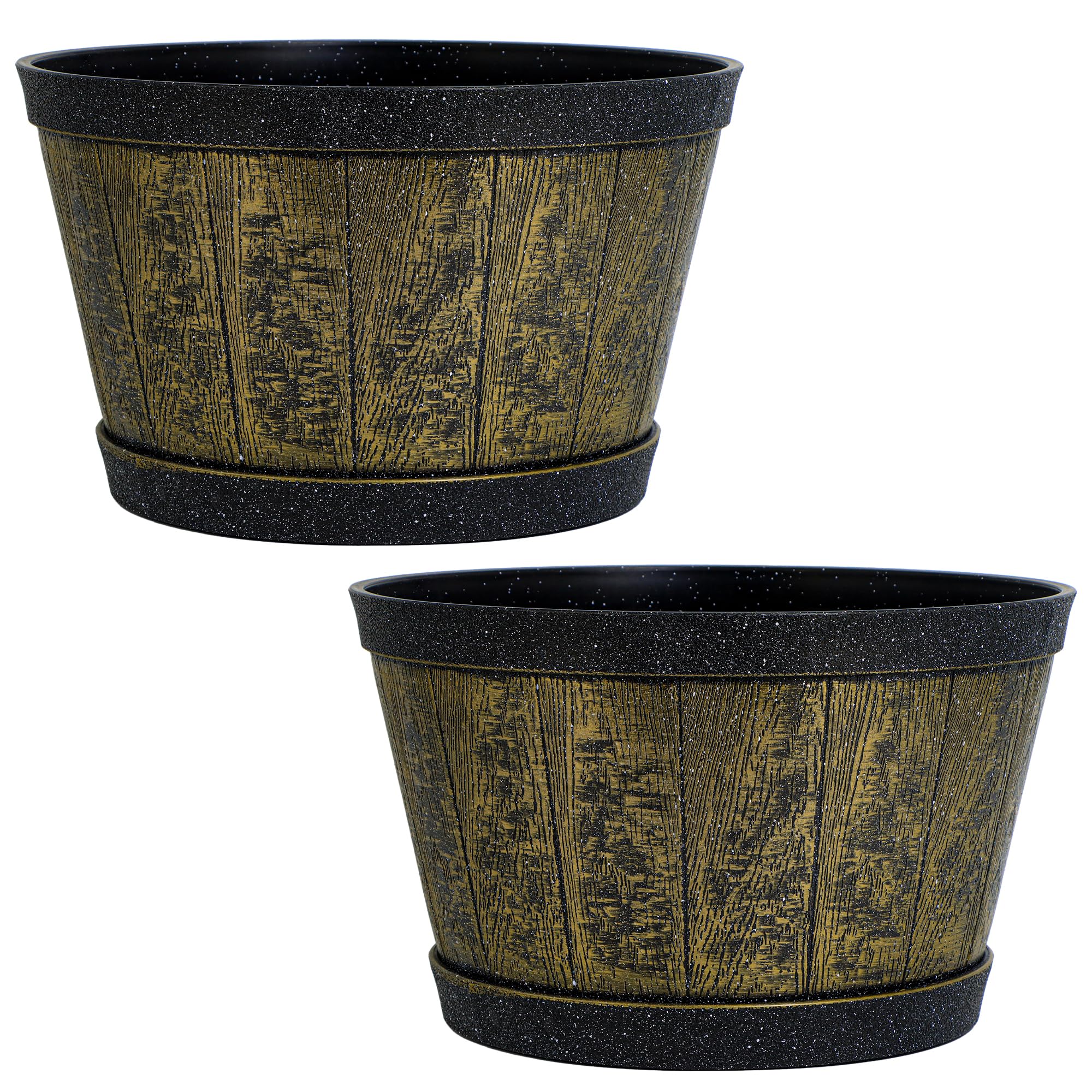 SG Traders Round Plastic Whisky Barrel Garden Pot Flower Pots Planter Tub Patio Pot Outdoor Traditional Barrel Brown with Silver Bands Garden Plant Pot Outdoors with Drainage Holes (Pack of 2)