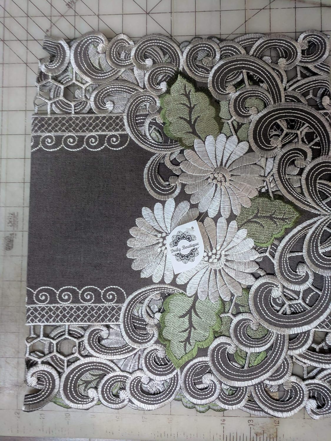 Table Runner Embroidered with a White Daisy on Brown Burlap Linen Material, Size 34 x 15 inches