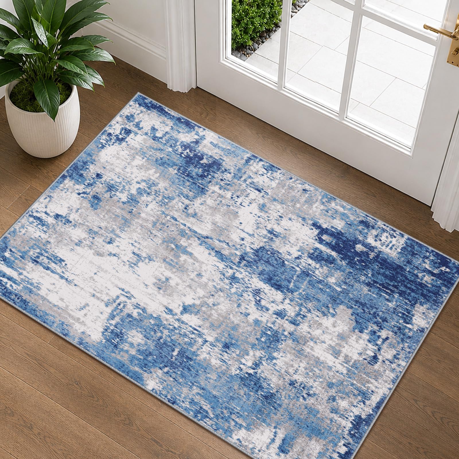 RELEANY Washable Area Rugs 2'x3' Non-Slip Modern Abstract Soft for Living Room Entryway Bedroom Kitchen, Print Pattern, Blue Grey Navy Gray