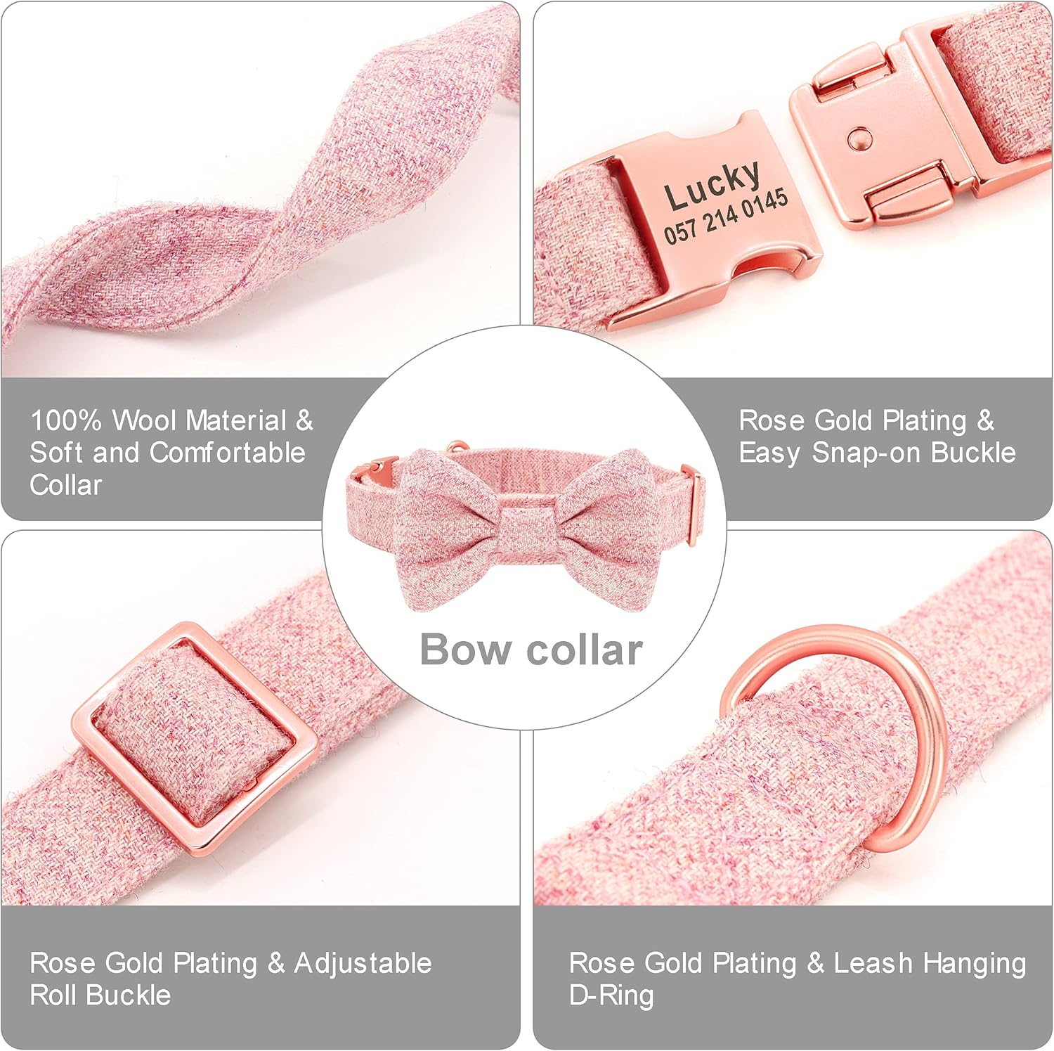 PET ARTIST Personalized Girl Dog Collars with Detachable Bowtie - Soft & Comfy Cute Dog Collar and Leash Set with Rose Gold Buckle - Adjustable Bowtie Collars for Small Medium Large Dogs,Pink,S
