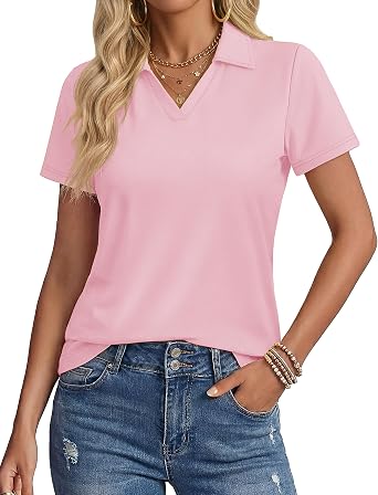YUCOLEN Womens Polo Shirts Short Sleeve V Neck Business Casual Tops Collared Cotton Golf Polos Work Summer Tees
