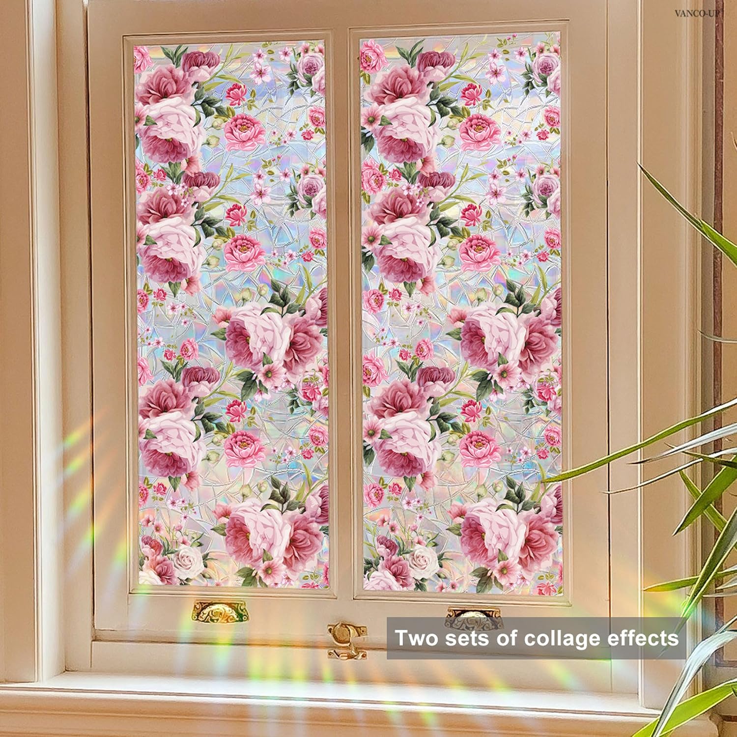 Home Floral Window Privacy Film, 3D Stained Glass Window Clings Decorative, Static Cling Double-Sided Removable Flower Window Stickers for Bathroom Home Office, 17.7'' x 39.4'' (Pink)