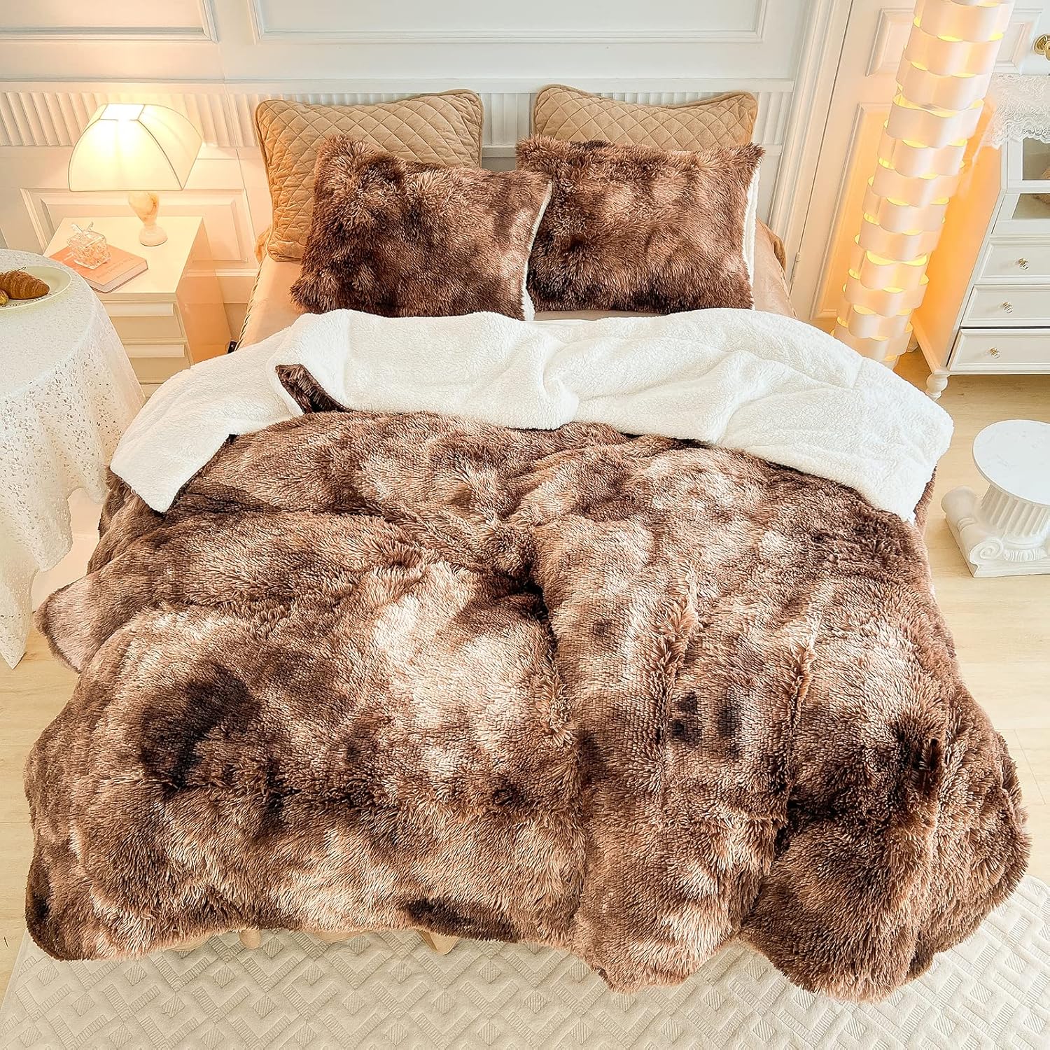 Luxury Faux Fur Shaggy Comforter Set Full/Queen Size, Plush & Sherpa Reversible Comforter Tie Dye Coffee, 3 Pieces Fluffy Fuzzy Bedding Set Ultra Soft and Warm for Winter (1 Comforter + 2 Pillowcases) - Image 2